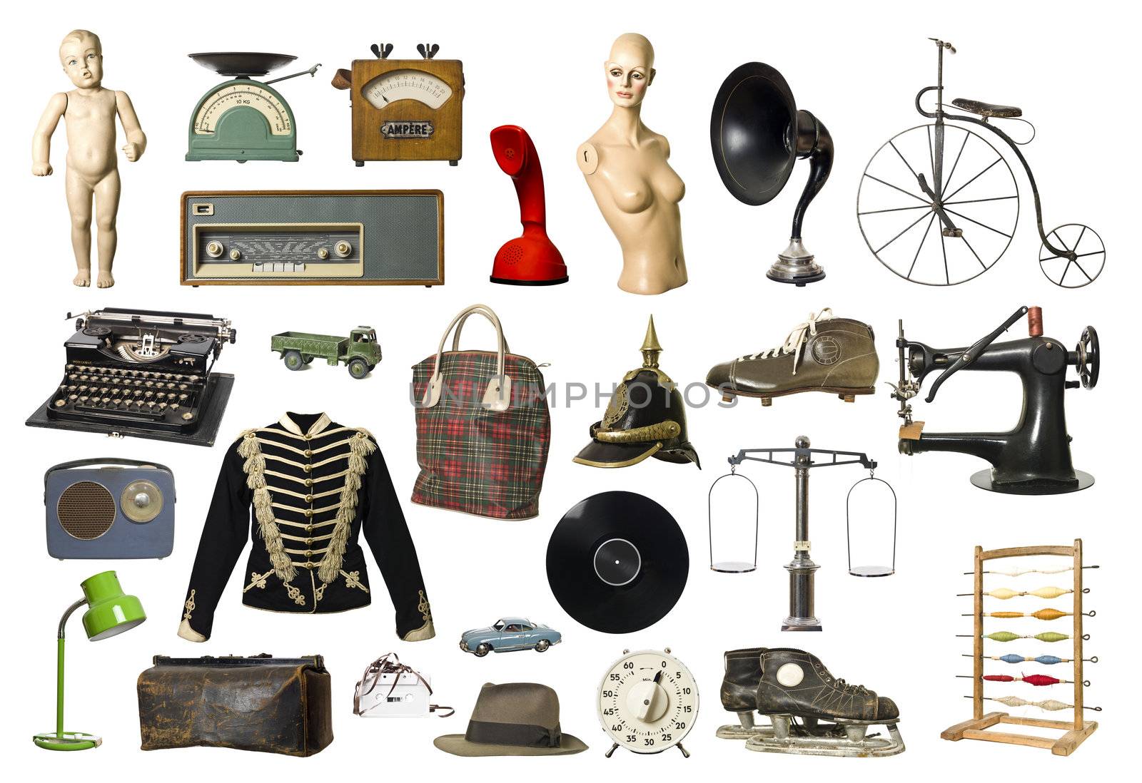 Collage of Vintage products isolated on white background