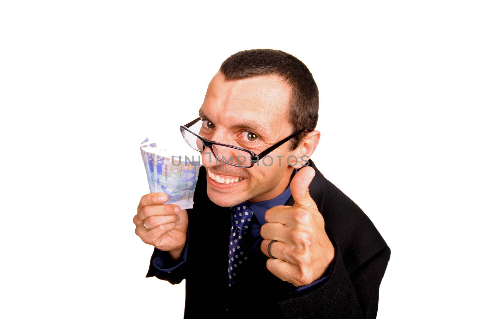 young business man playing silly over white background