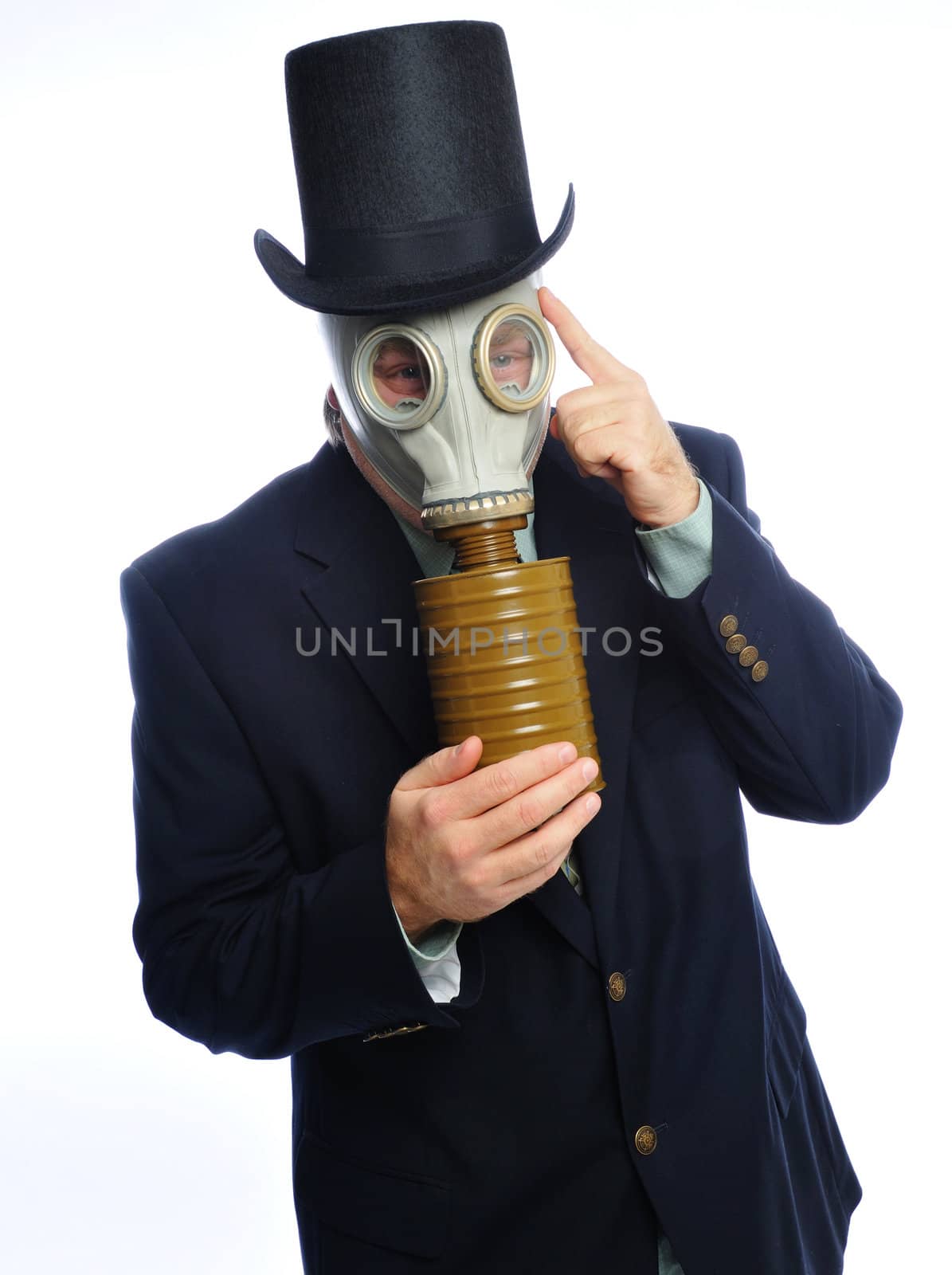Man wearing a suit and gas mask on a white background