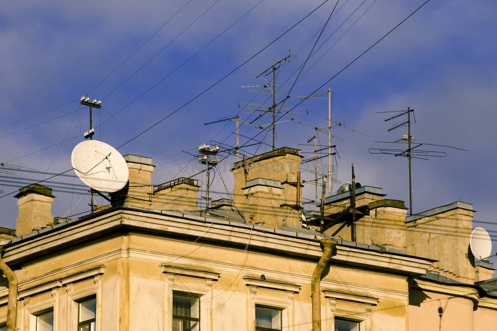 TV antennas on the building roof in St.Petersburg, Russia