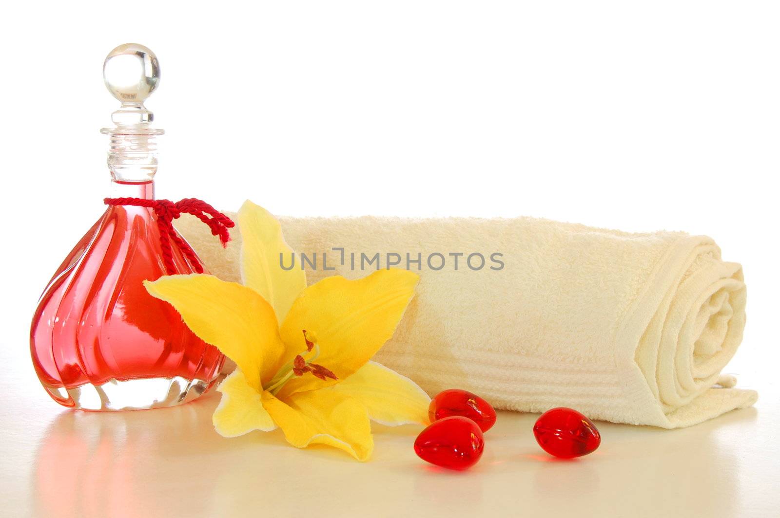 wellness still life with towel flower and copyspace
