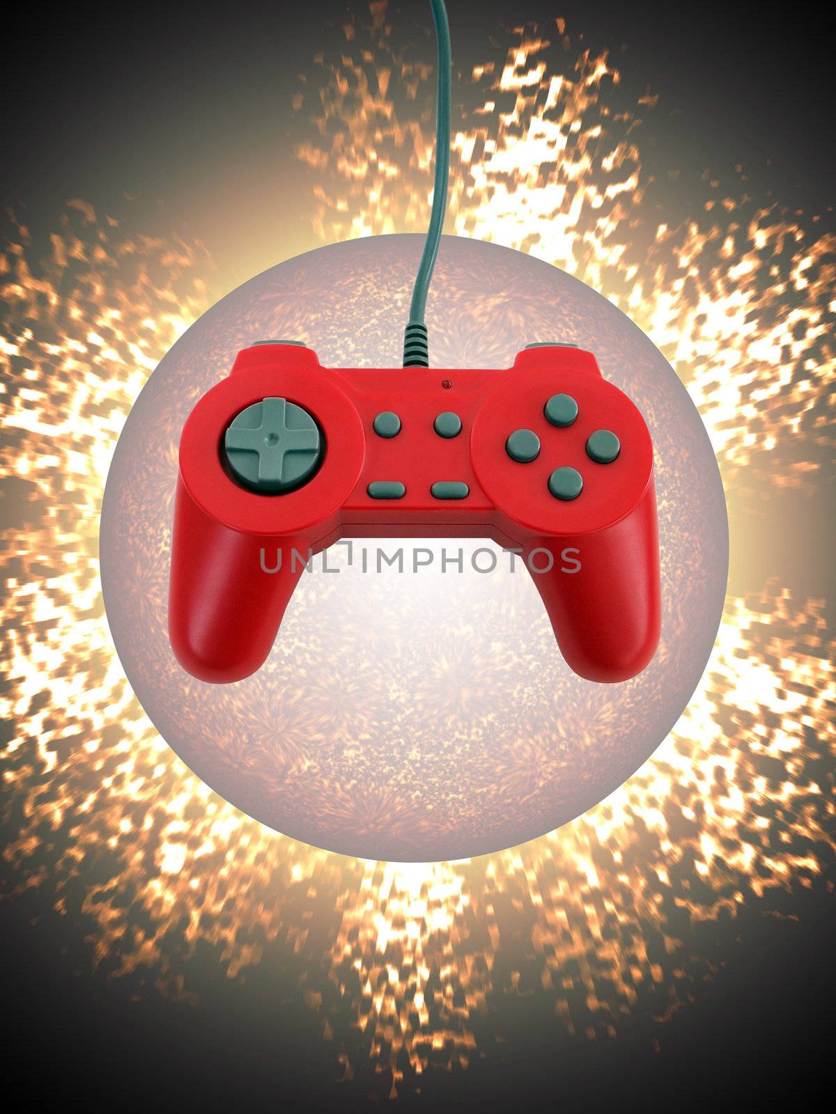 A red game controller isolated over an exploding planet background.  This file includes the clipping path for the controller.  