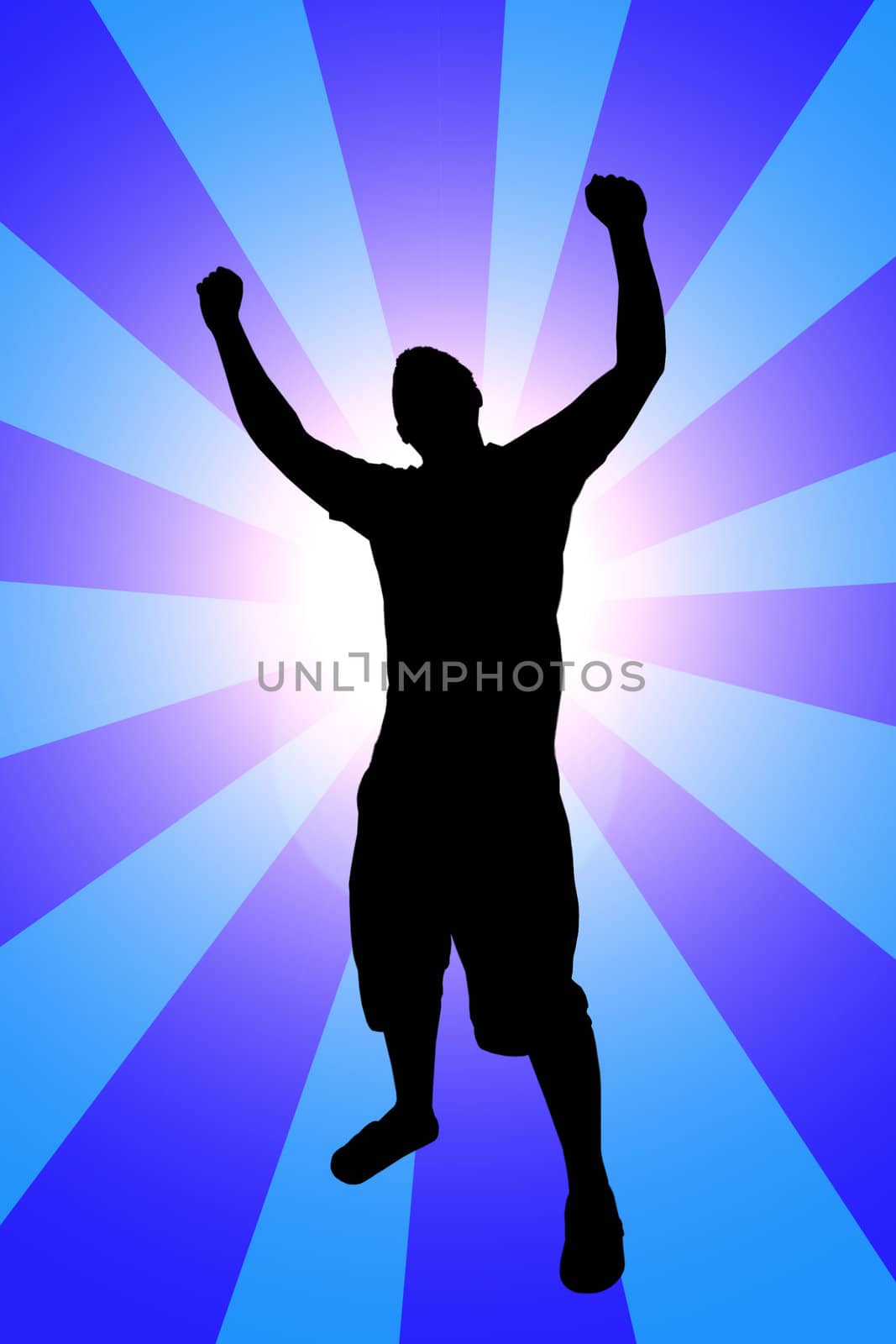 A young man joyously throws his hands up in the air.  This includes the clipping path for the silhouette.