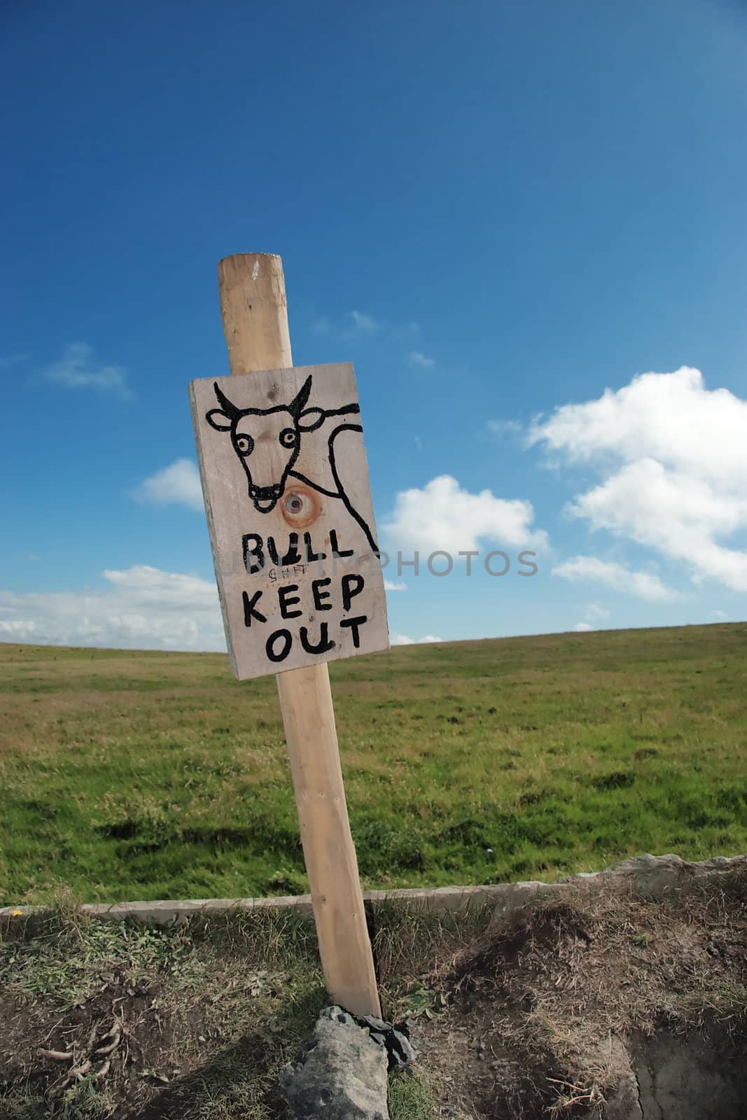 Warning sign of farm land containing a bull