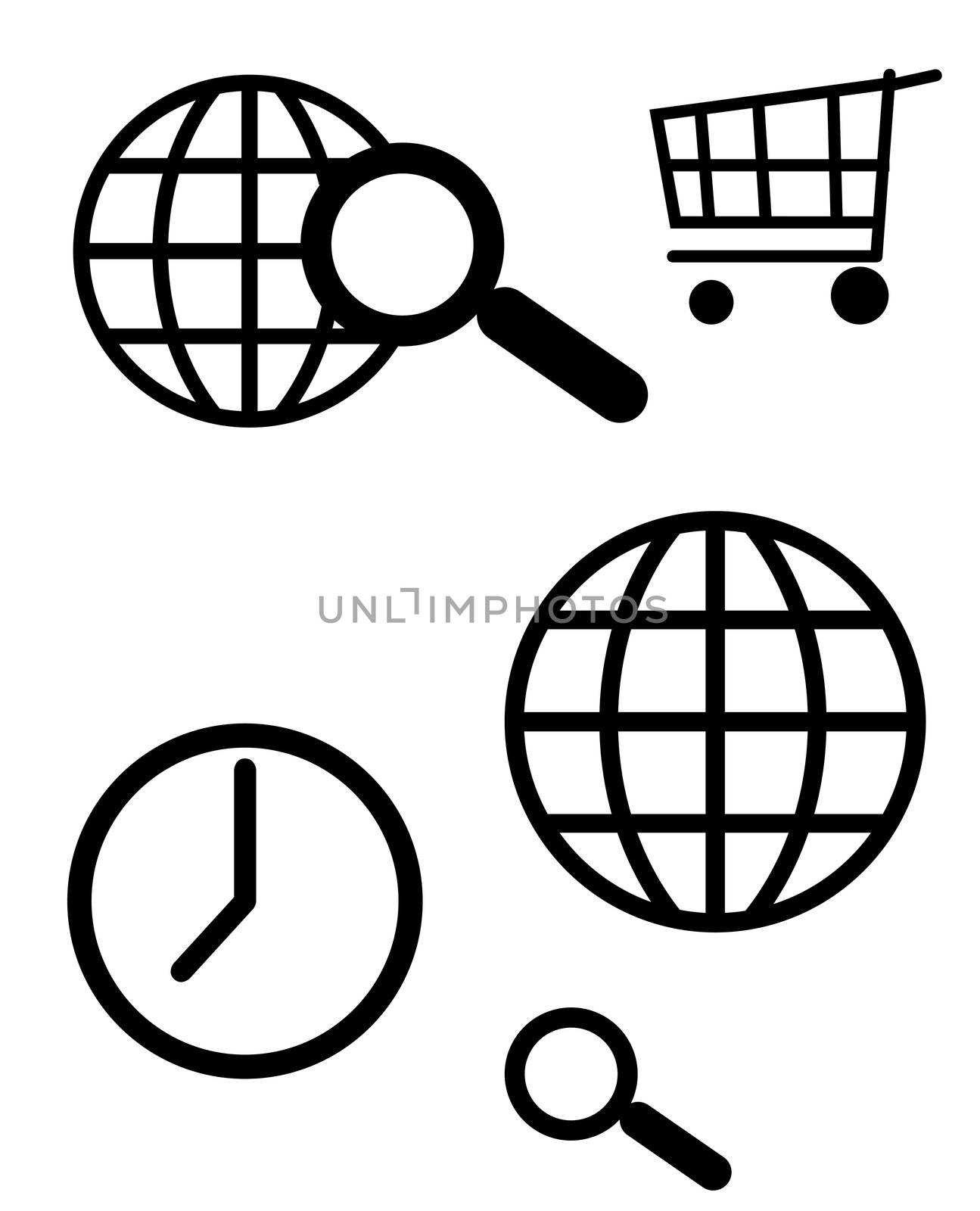 World wide web and computer search icons, isolated on white background.