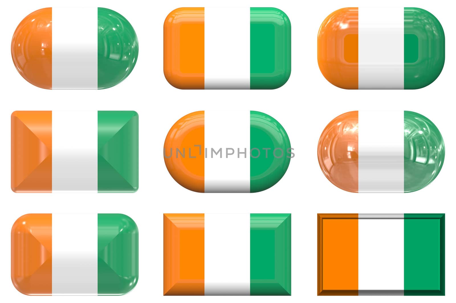 nine glass buttons of the  Flag of Cote d'Ivoire Ivory Coast