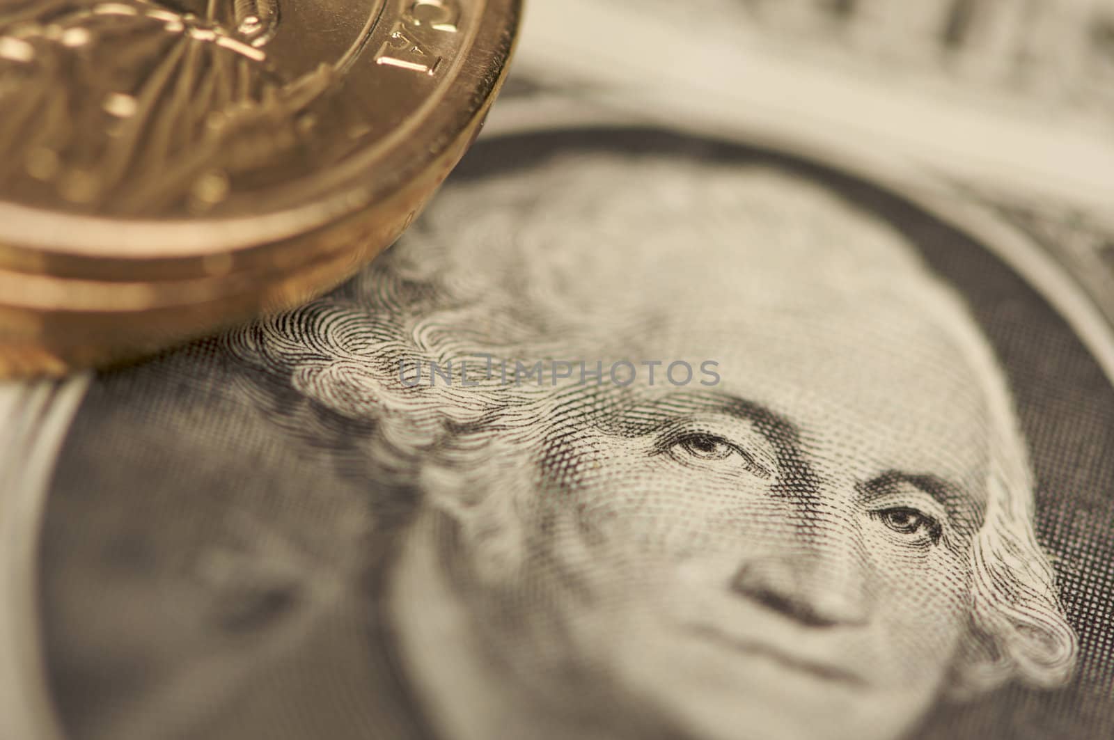 Abstract of the new U.S. Dollar coin on Dollar Bills with Narrow Depth of Field.