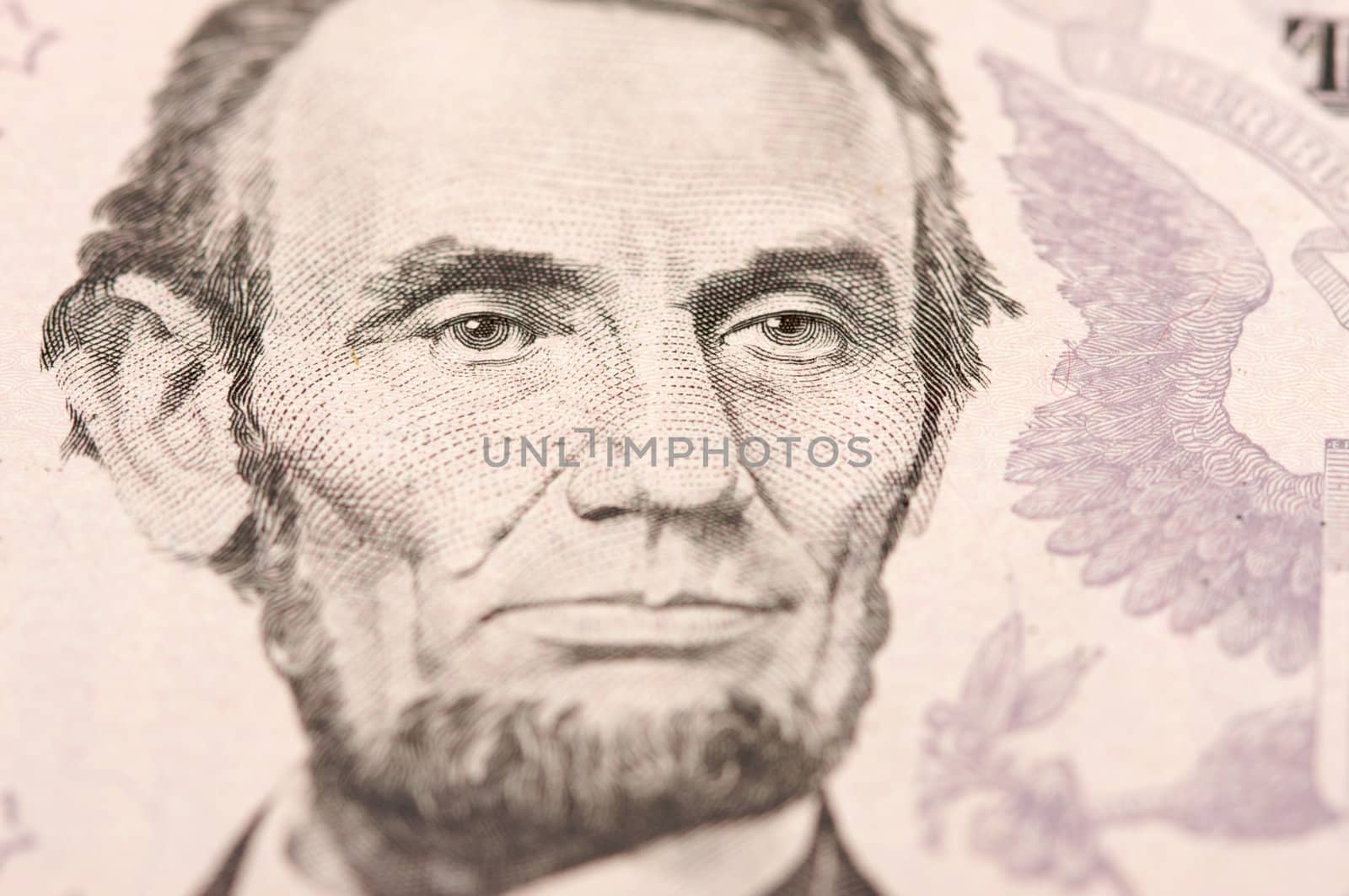 Abstract Macro of U.S. Five Dollar Bill's Abraham Lincoln face with Narrow Depth of Field.