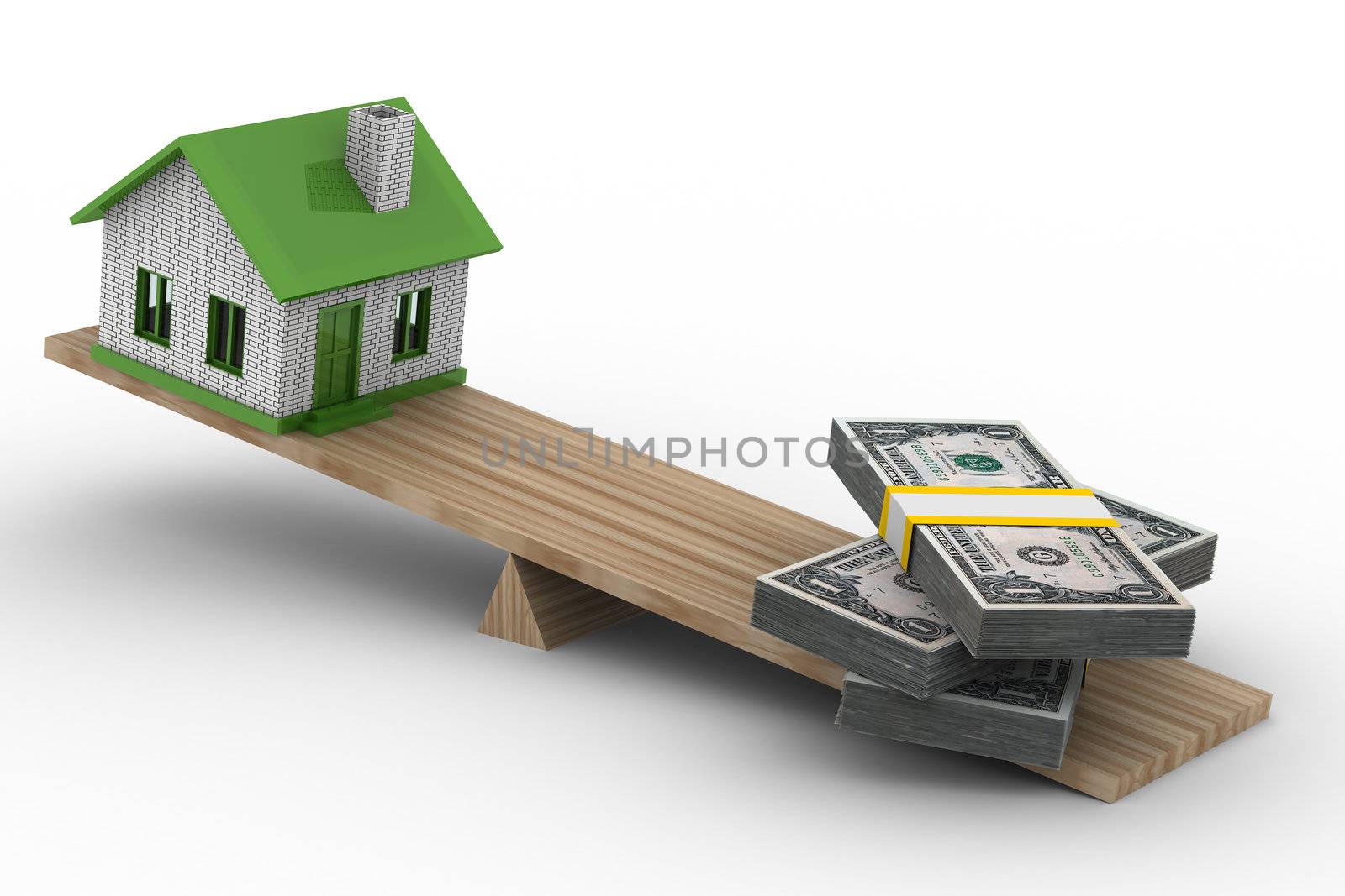 house and money on scales. Isolated 3D image