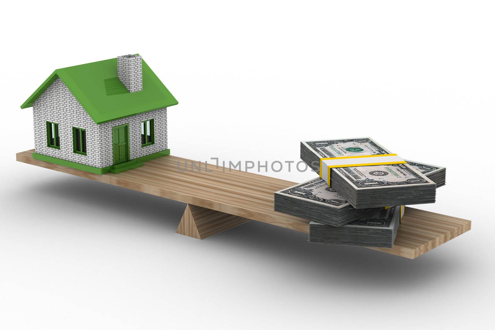 house and money on scales. Isolated 3D image