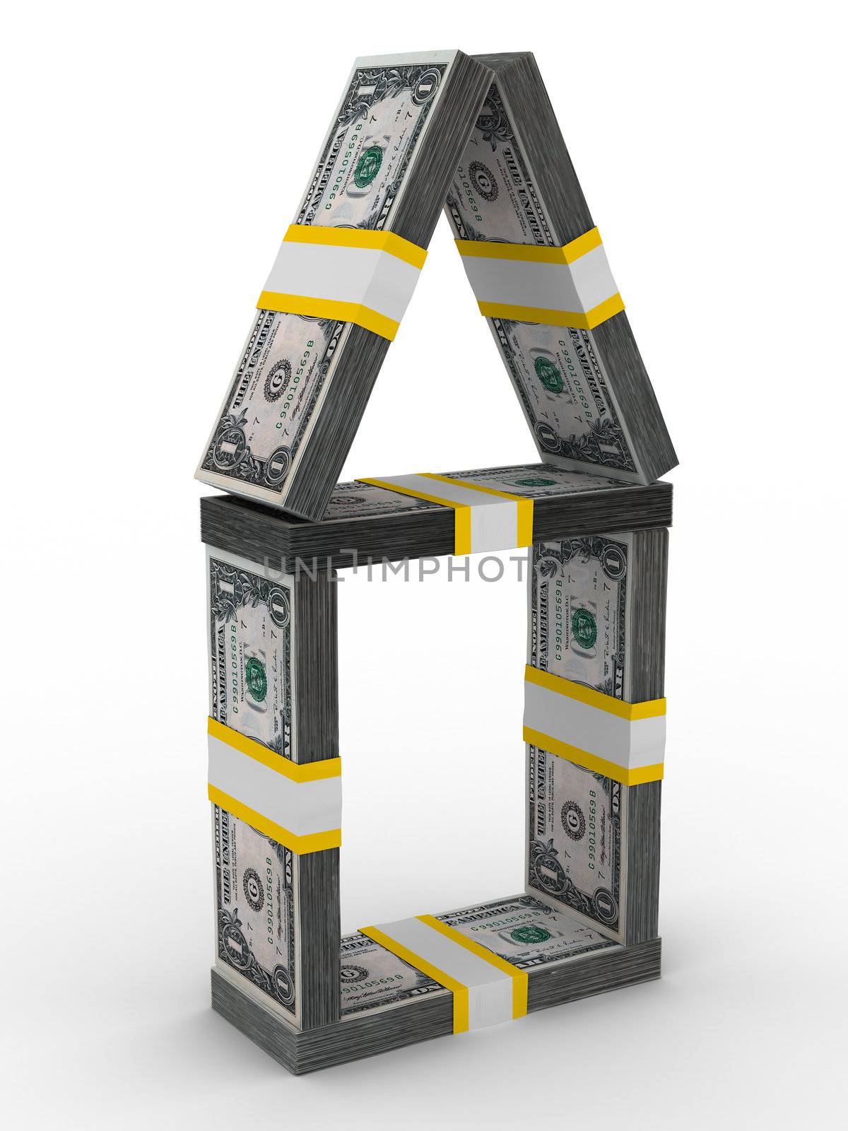 house from money on white background. Isolated 3D image