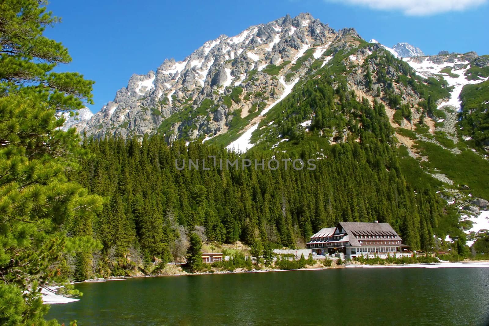 mountain lake in slovakia mountain with tourist cottage
