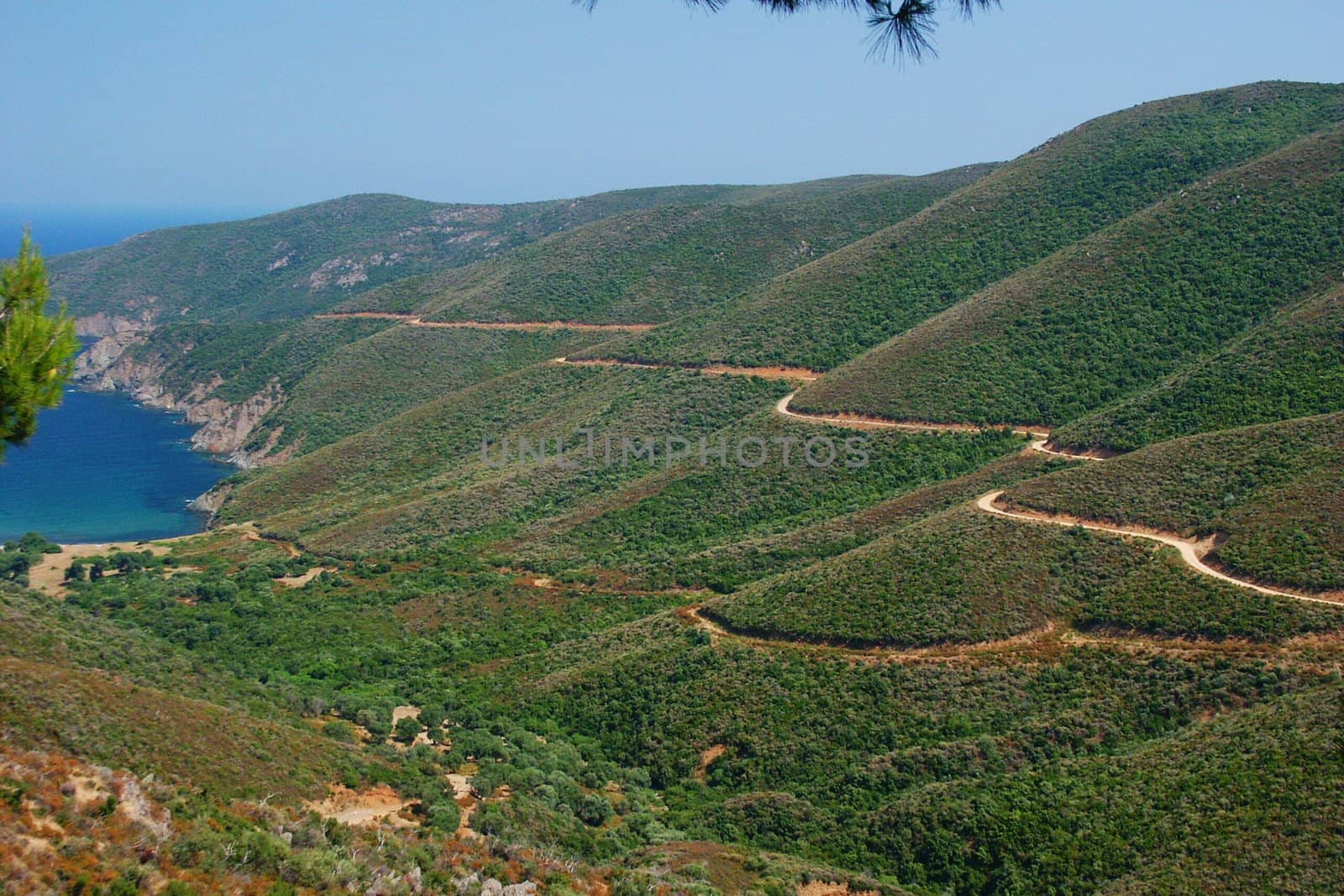 greece mountain by the sea, horizontally framed shot