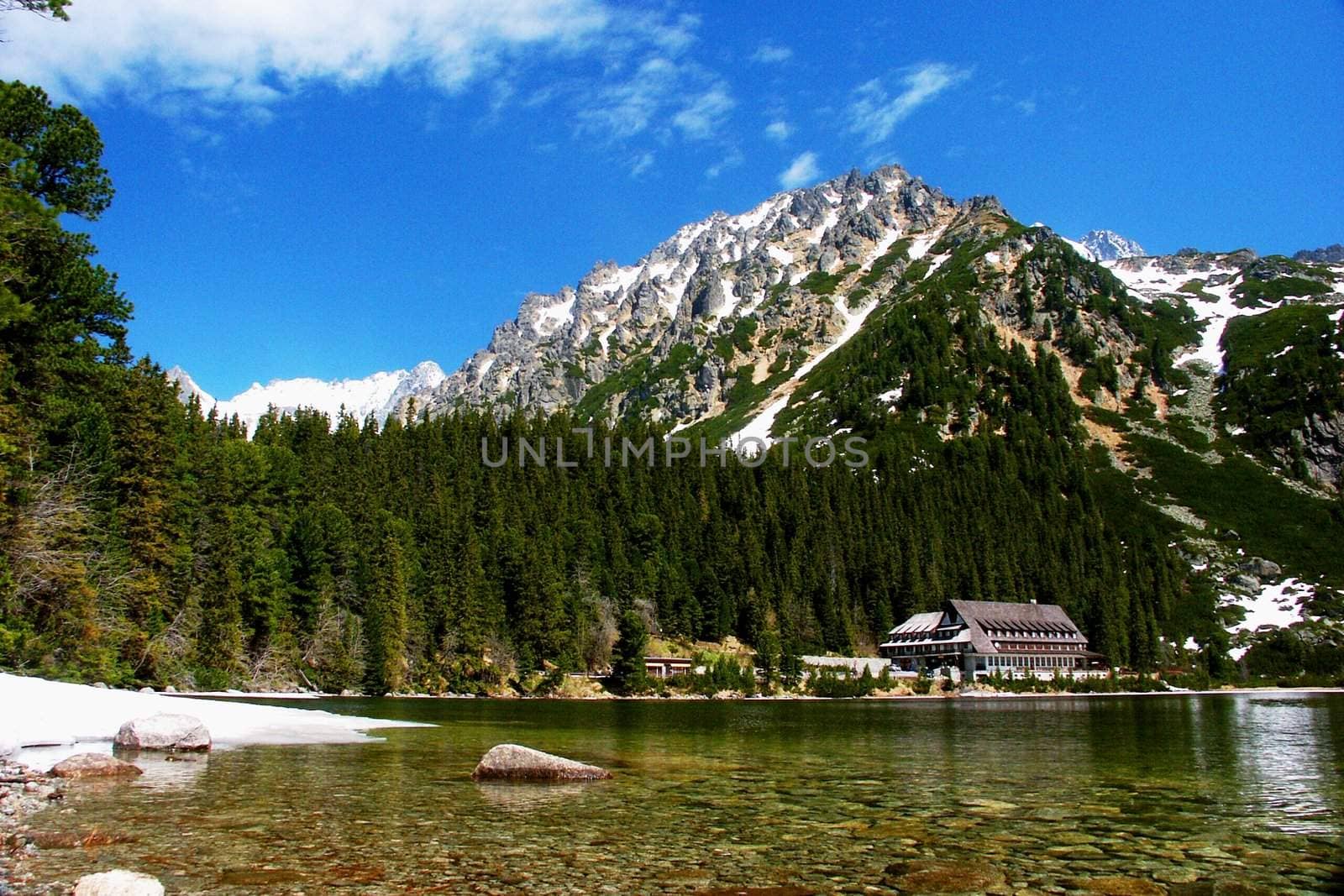 mountain lake in slovakia mountain with tourist cottage
