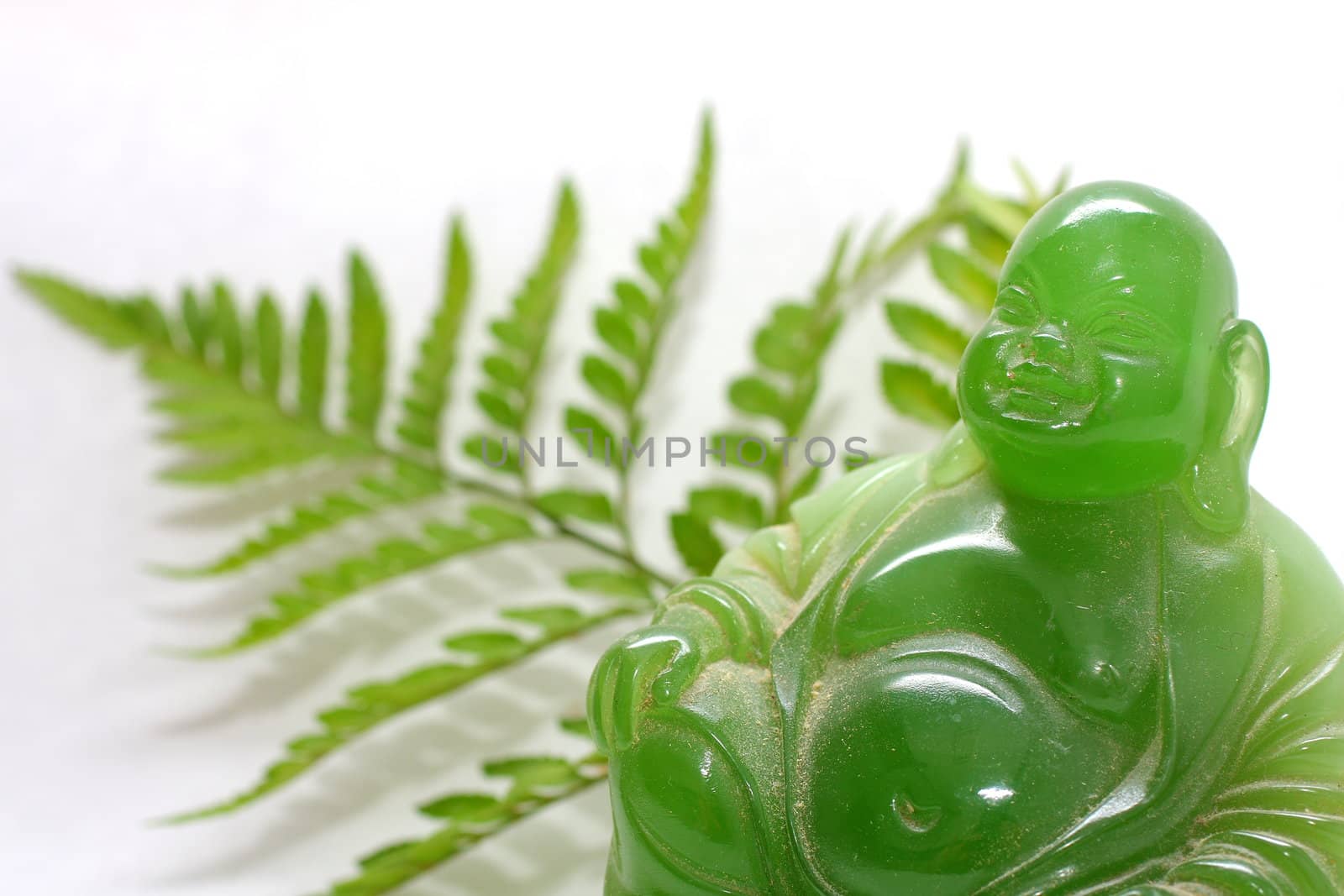 Green buddha with leaves and flowers
