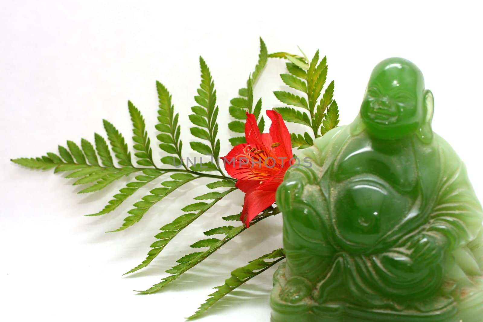Green buddha with leaves and flowers