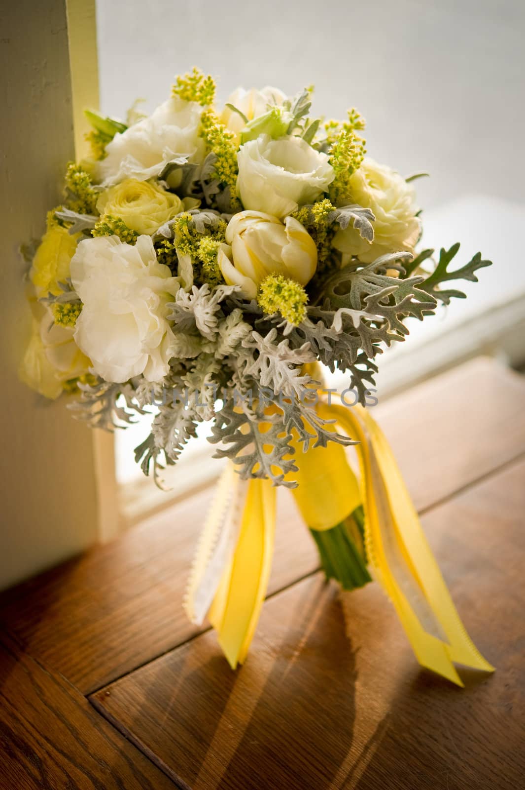 Image of a beautiful floral bouquet on wood table