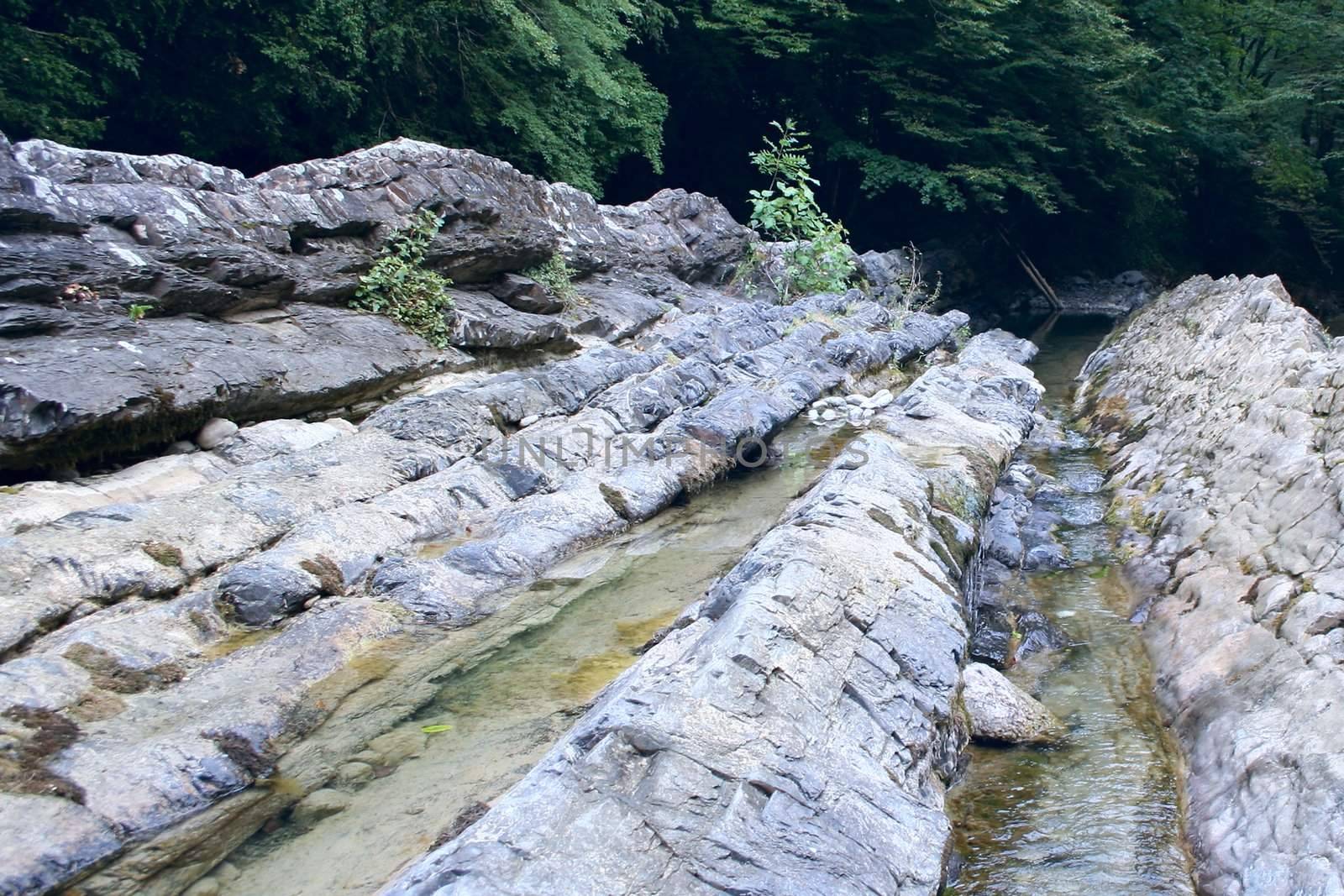 tempestuous clean mountain river with waterfall in stone granite break