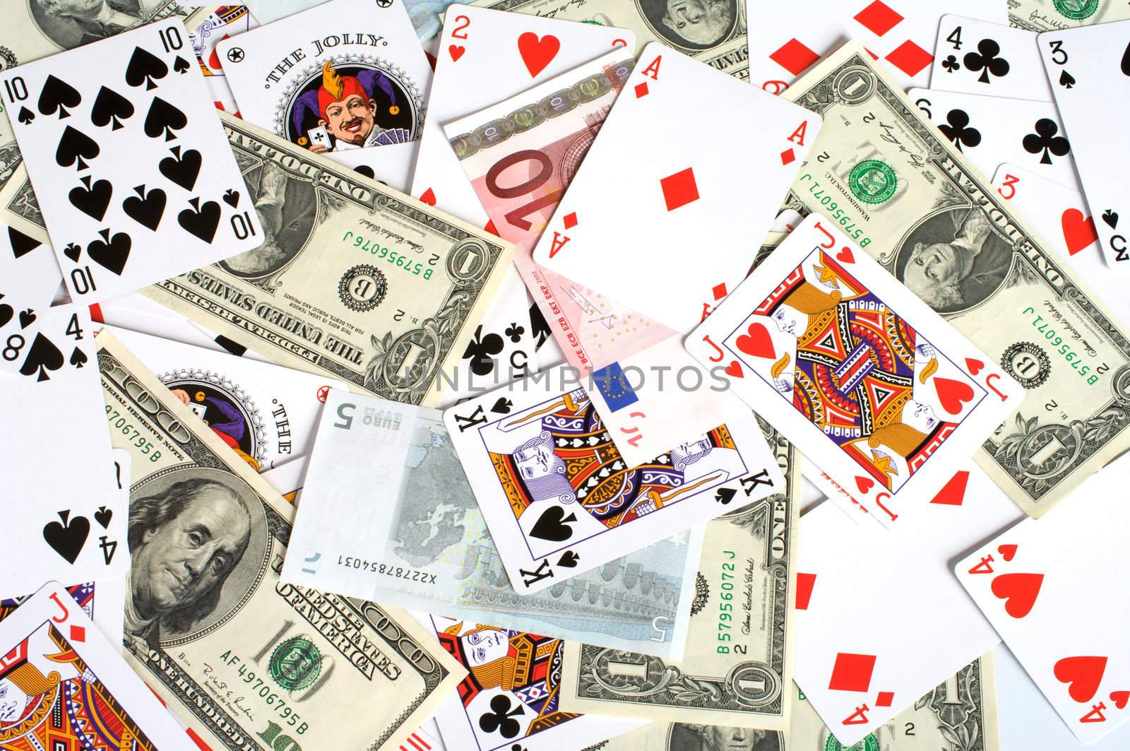 Background from playing cards and monetary denominations.