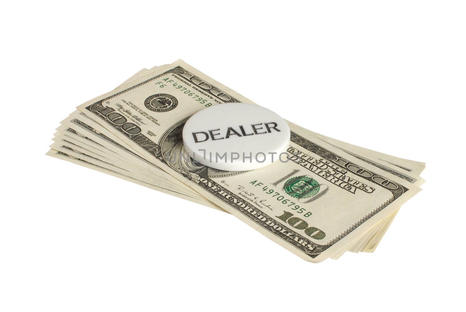 Counter with an inscription "dealer" on dollar banknotes it is isolated on a white background.