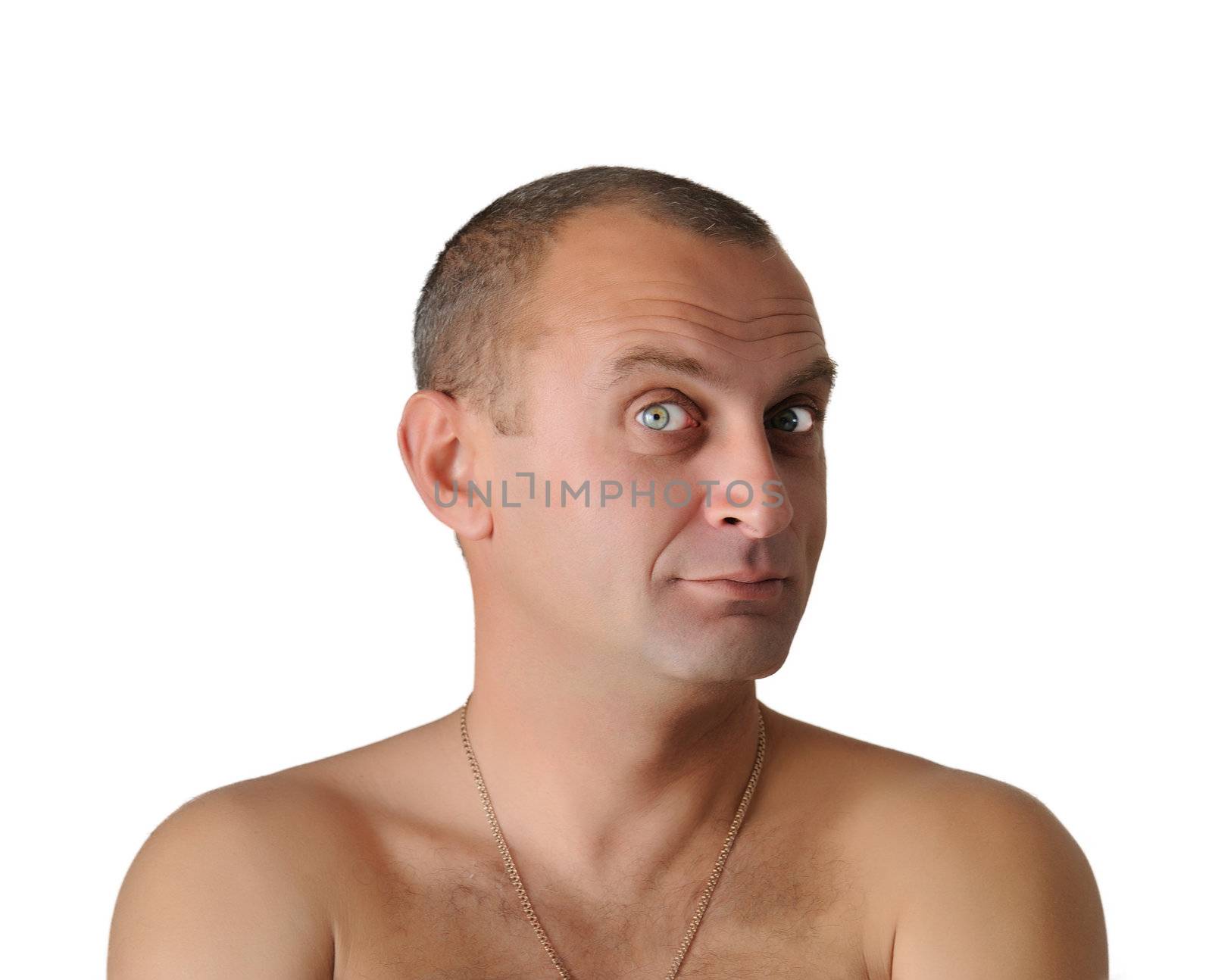 Portrait of the man with a naked torso on white background
