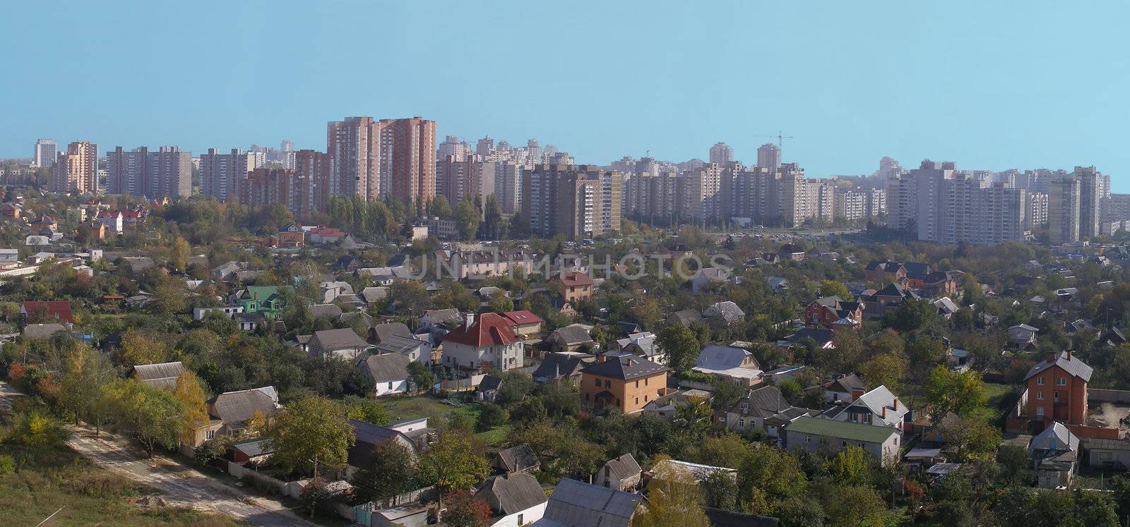 Suburb of the big city. Landscape with heights of the flight of the bird.    