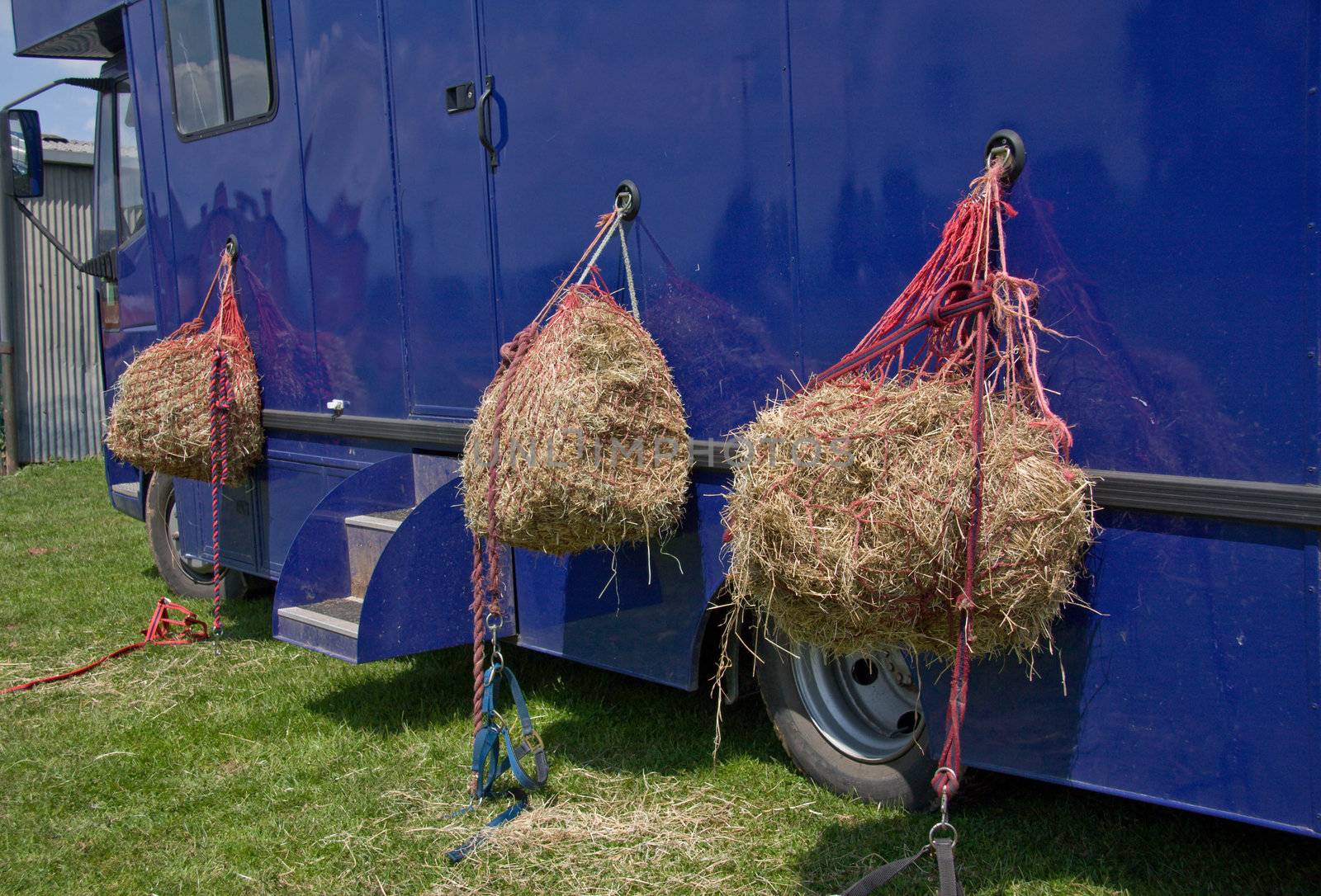 Hay nets await the return of the horses at an event.