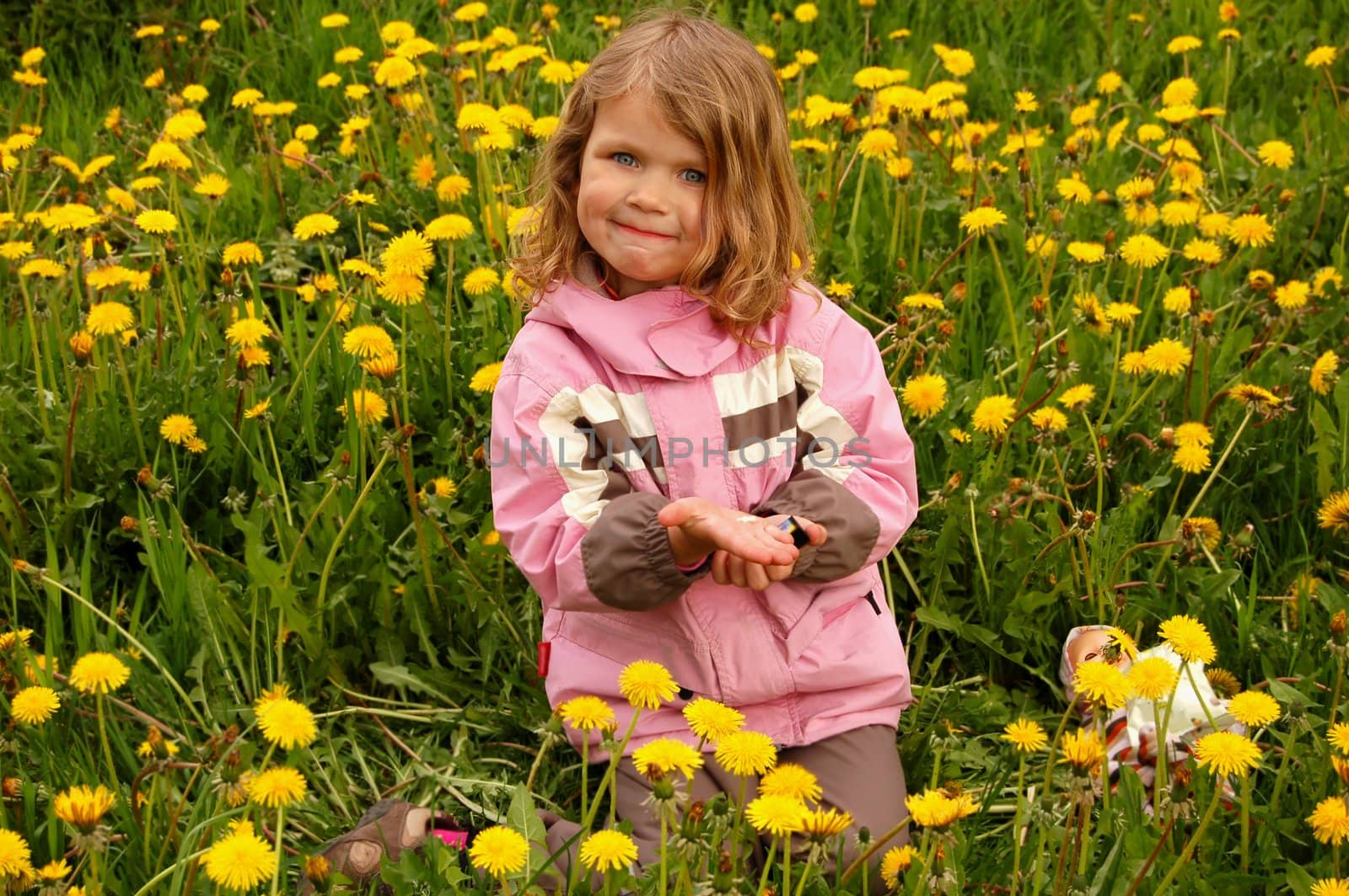 pretty girl, sitting in dandelions by Yulia_Shilova