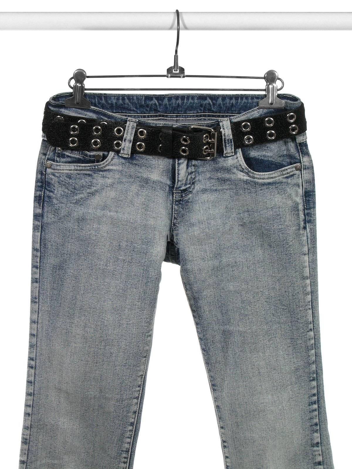 Blue jeans with black leather belt on a rack. Isolated on white.