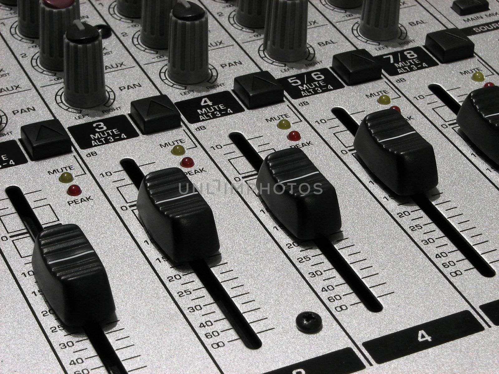 Mixing board for audio recording.