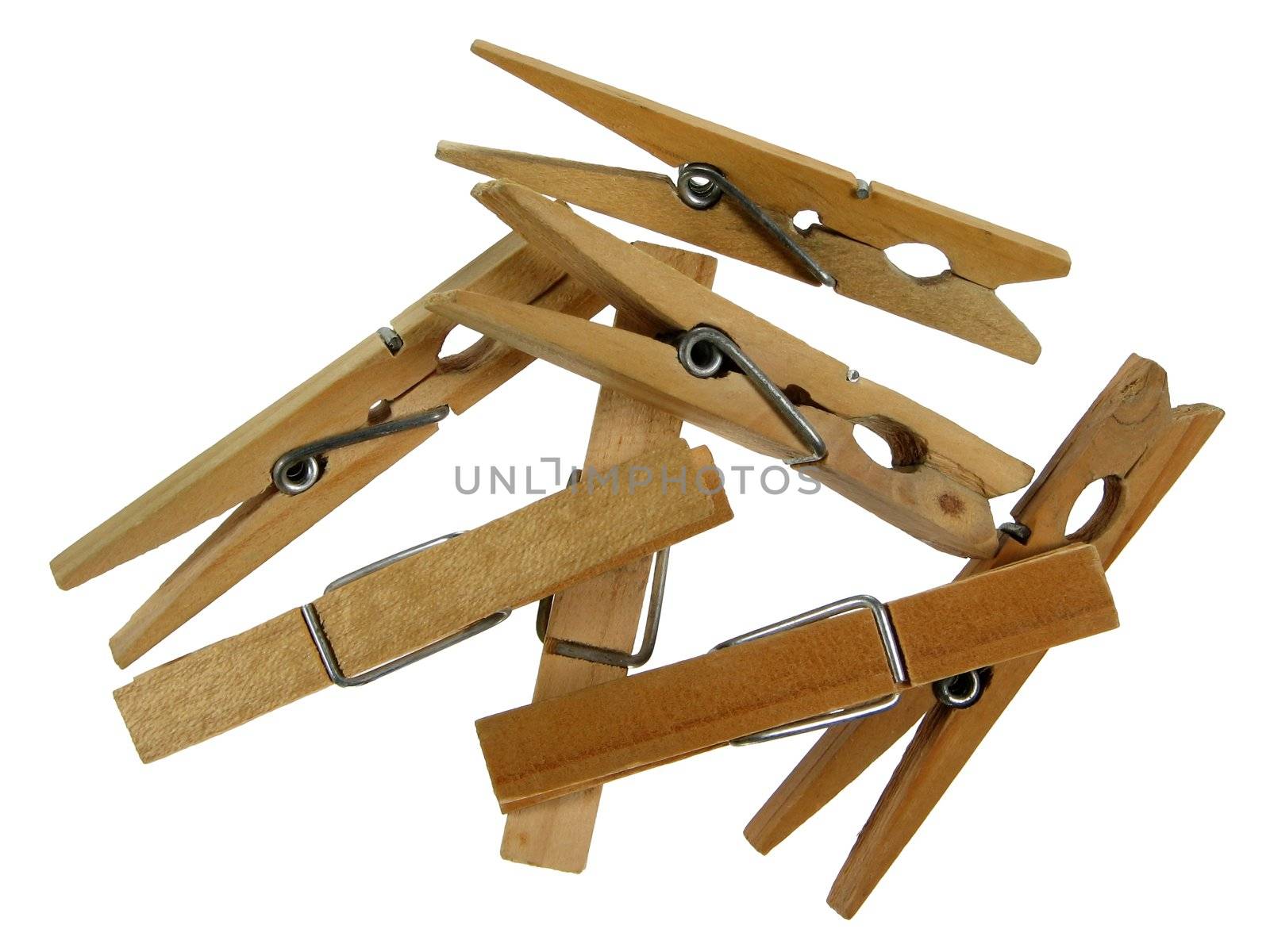 Wooden clothespegs isolated on white background.