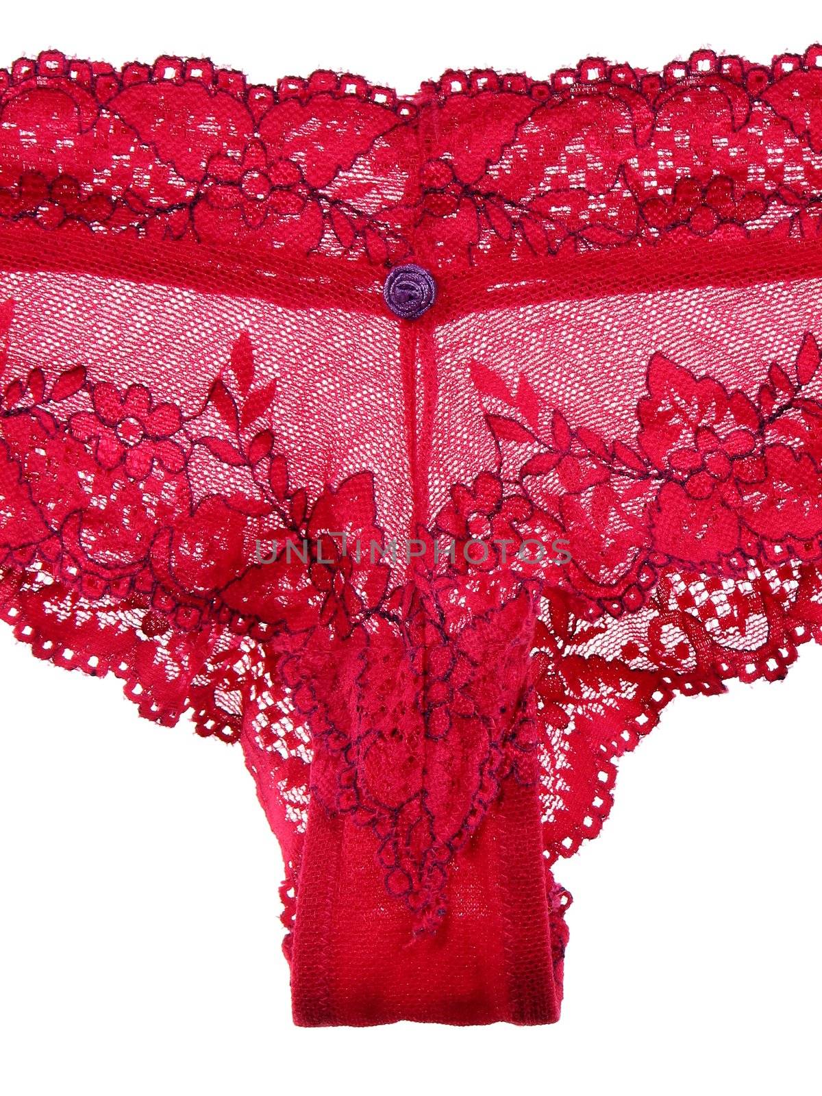 Sexy lingerie. Closeup of red lacy panties on white background.