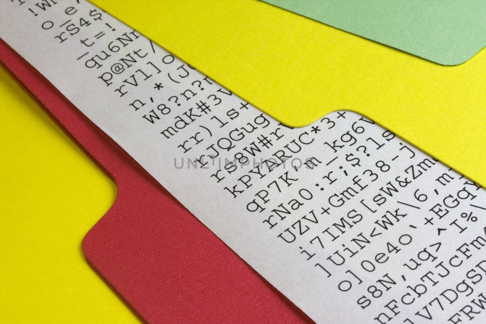 gibberish document, meaningless computer printout, sticking out of colorful file folders