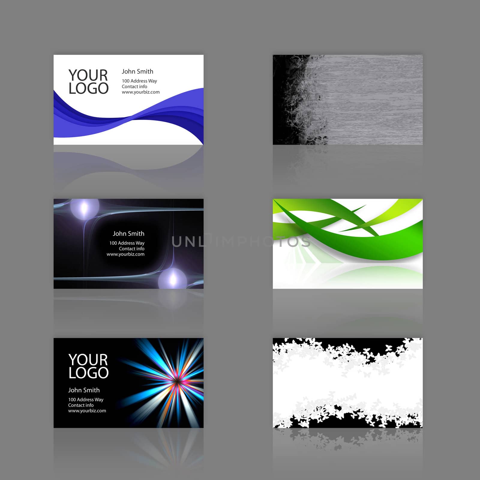 An assortment of 6 modern business cards - templates that are print ready and fully customizable. These include .25 inch bleed. Cards are 3.75 x 2.25 total, and trim to the standard 3.5 x 2 size.