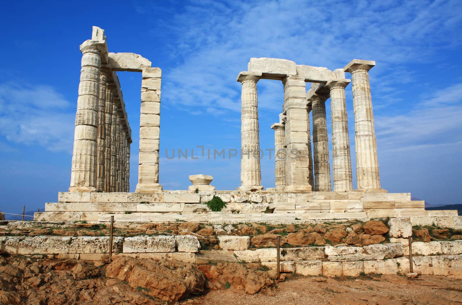 Remains of Temple of Poseidon, god of the sea in ancient Greek mythology, at Cape Sounion, near Athens (Greece).