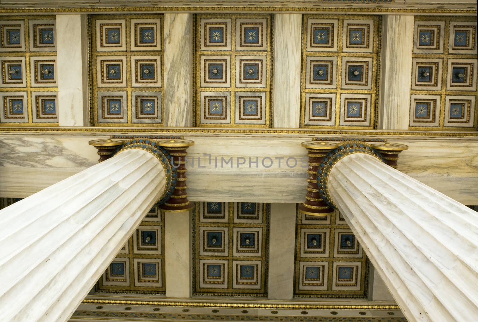 Detail of ceiling and ionic columns in Academy of Athens, Greece.