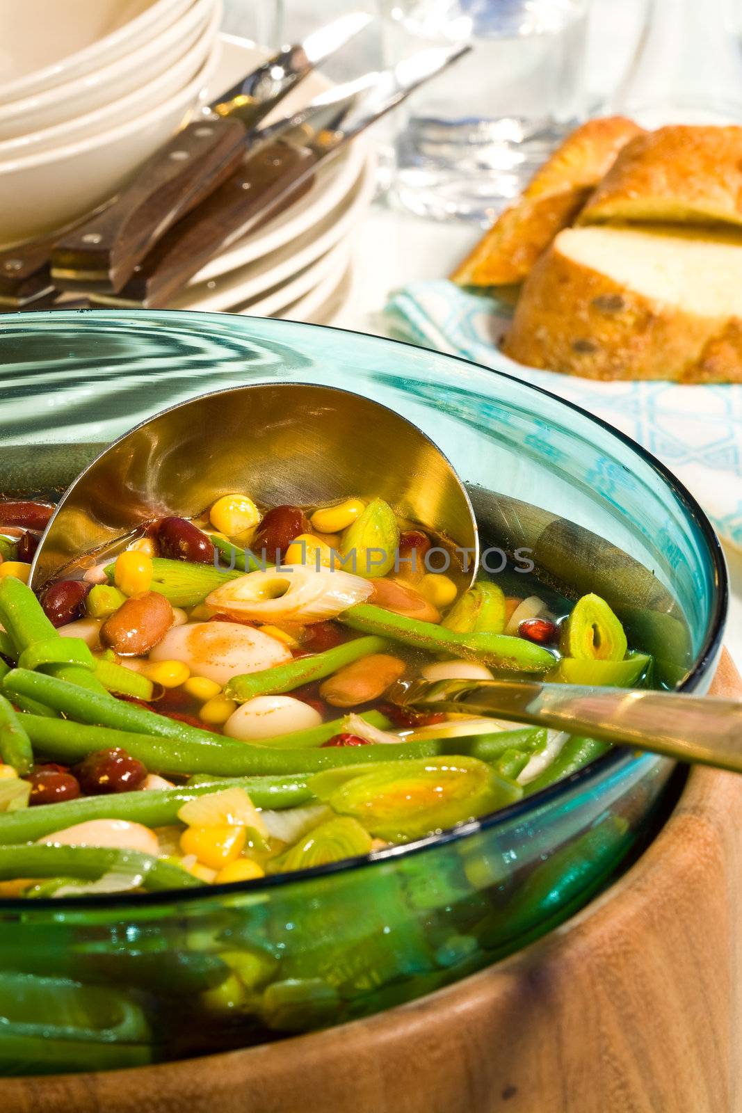 Vegetable soup in the bowl with ladle
