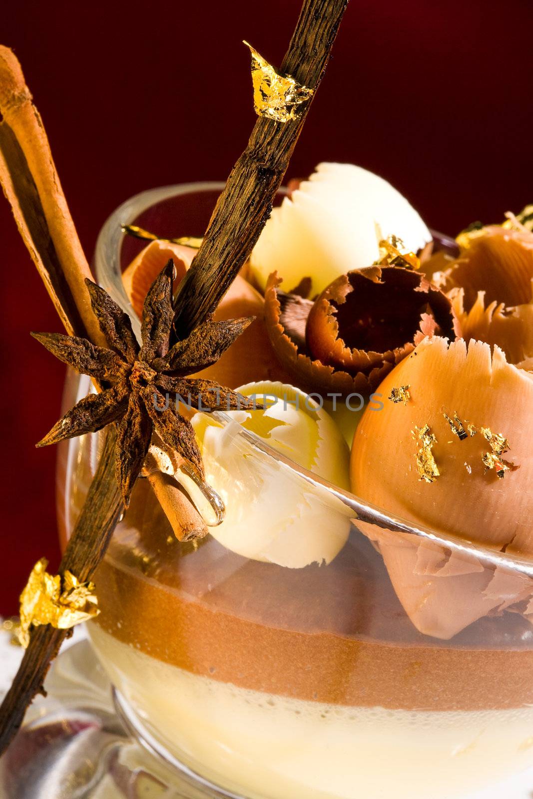 Mousse dessert with chocolate, caramel and vanilla