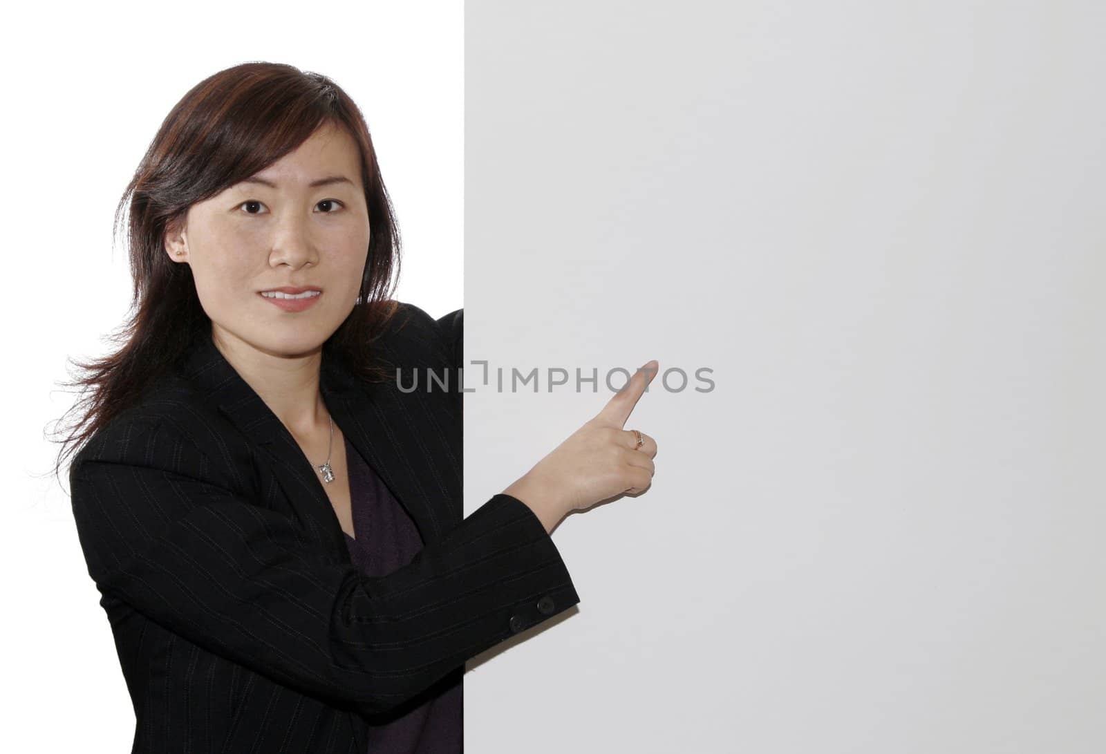 Business Woman Pointing On A Board, White Background