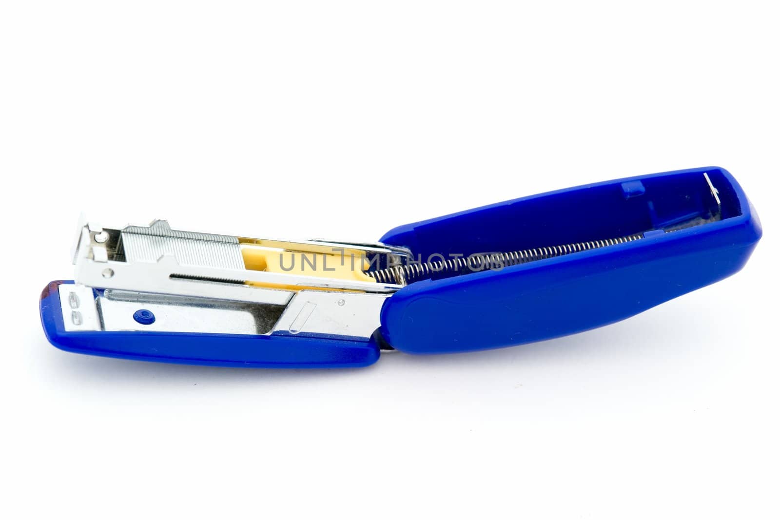 Open blue stapler on a white background.