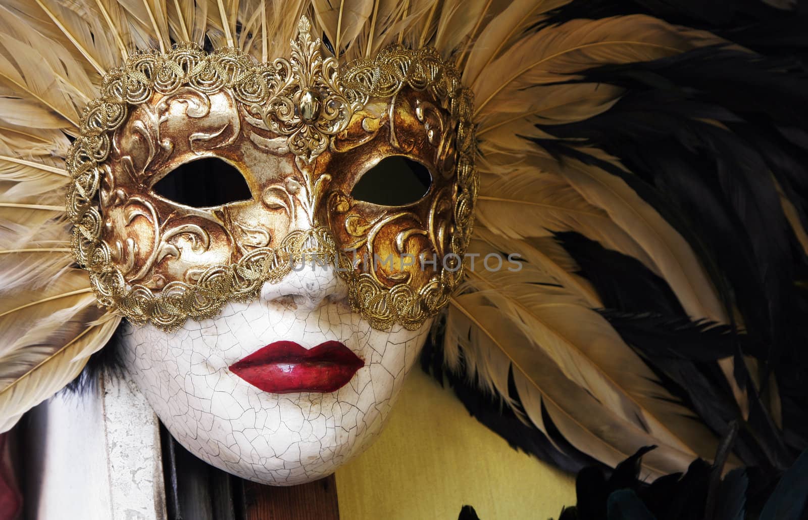 Golden Venetian Carnival Mask With Feathers
