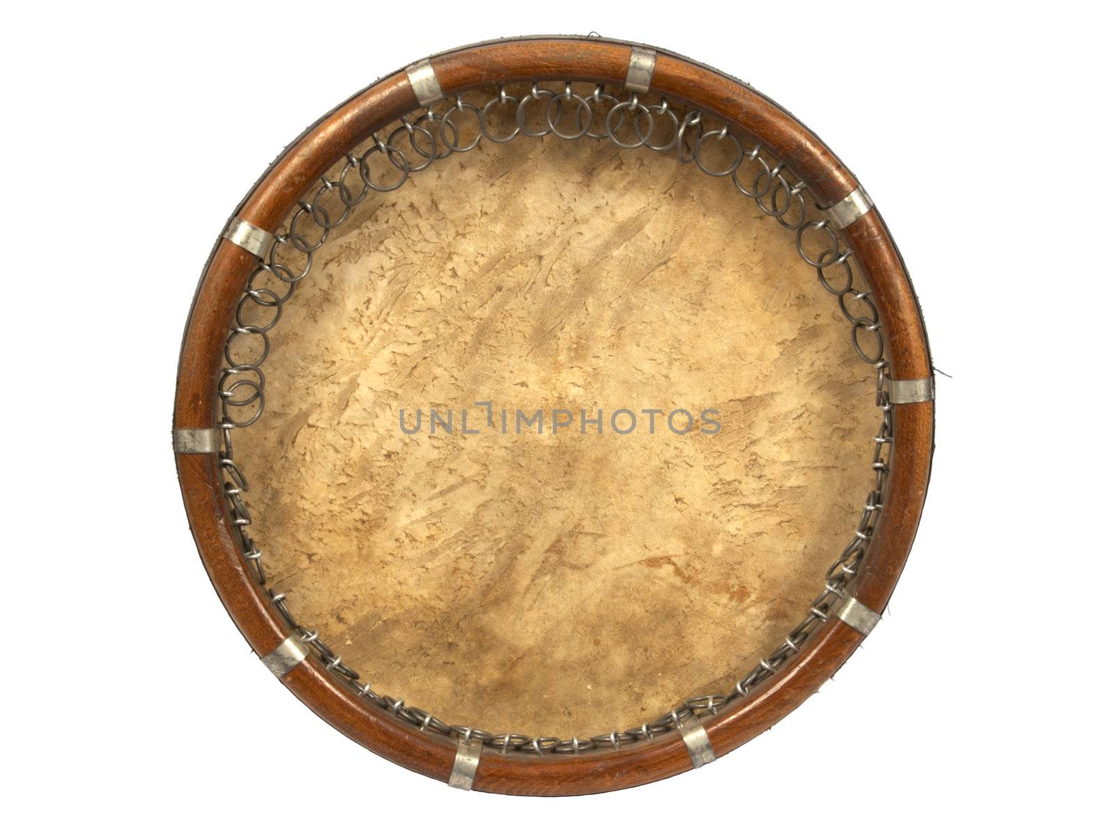 A dayereh (or doyra, dojra, dajre, doira,dajreja) is a medium-sized frame drum with jingles, used to accompany both popular and classical music in Iran (Persia), the Balkans, and many Central Asian countries such as Tajikistan and Uzbekistan. The simple drum is formed by attaching a skin cover onto a wooden ring with glue and cloth ties. This is similar to the Persian daira and the Turkish def. Some daira have metal pieces attached to give them a tambourine-like quality.
