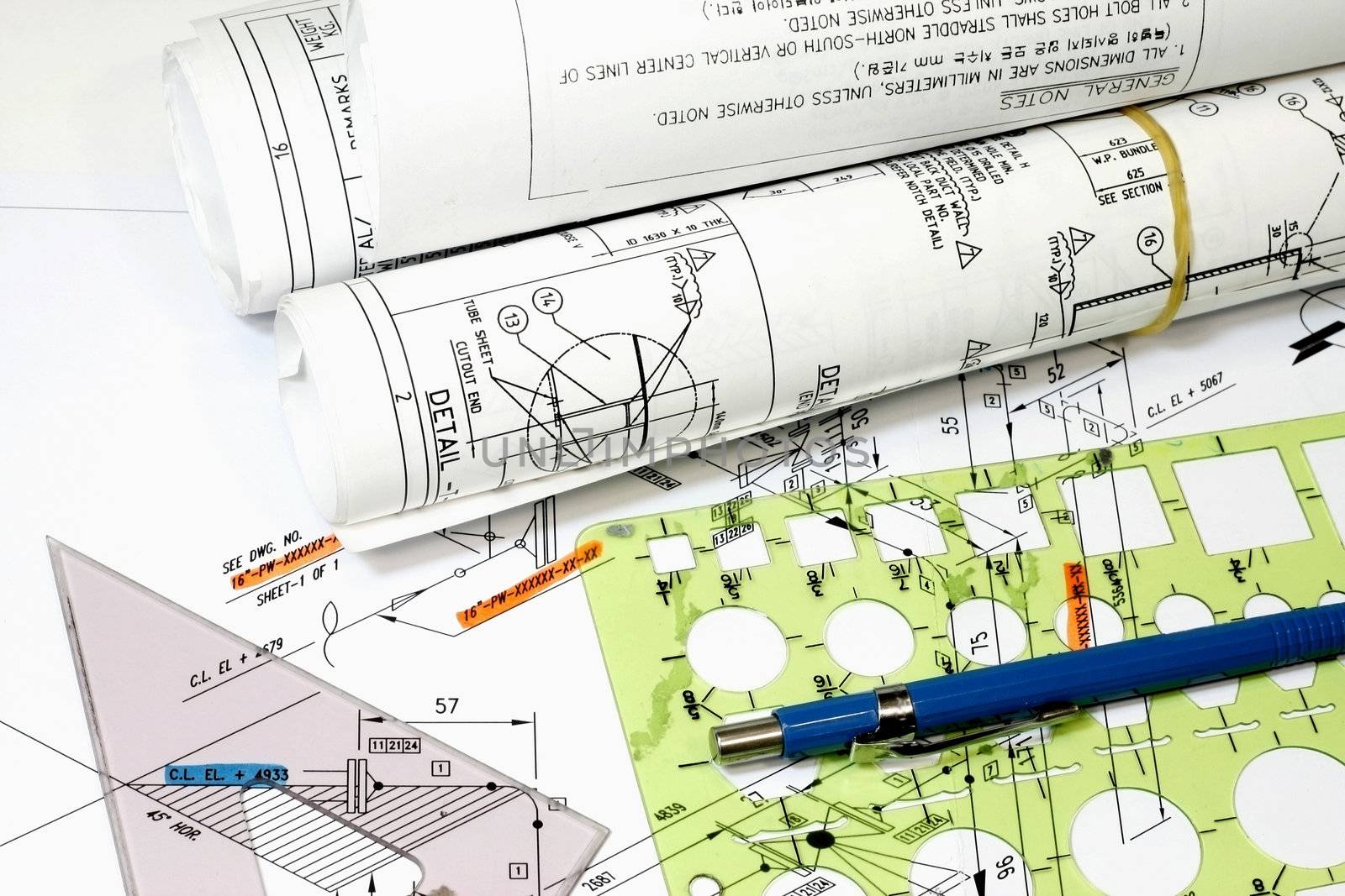 Isometric Drawings blueprint templates pen and rolls of engineering plans