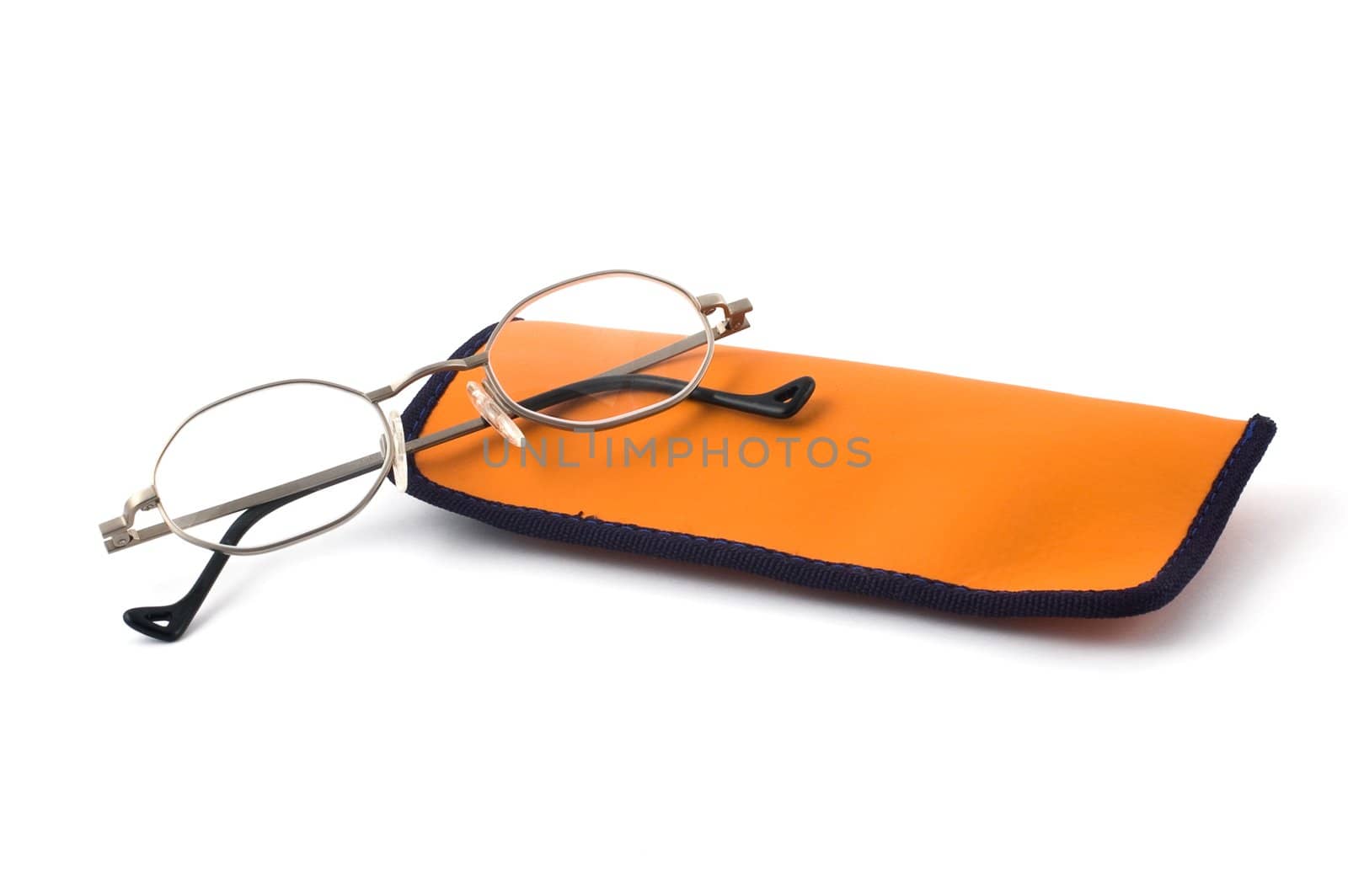 Eyeglasses and orange glasses case isolated on white