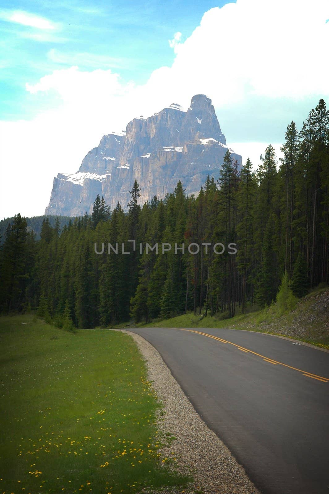 A mountain scene with road in Banf Alberta, Canada.