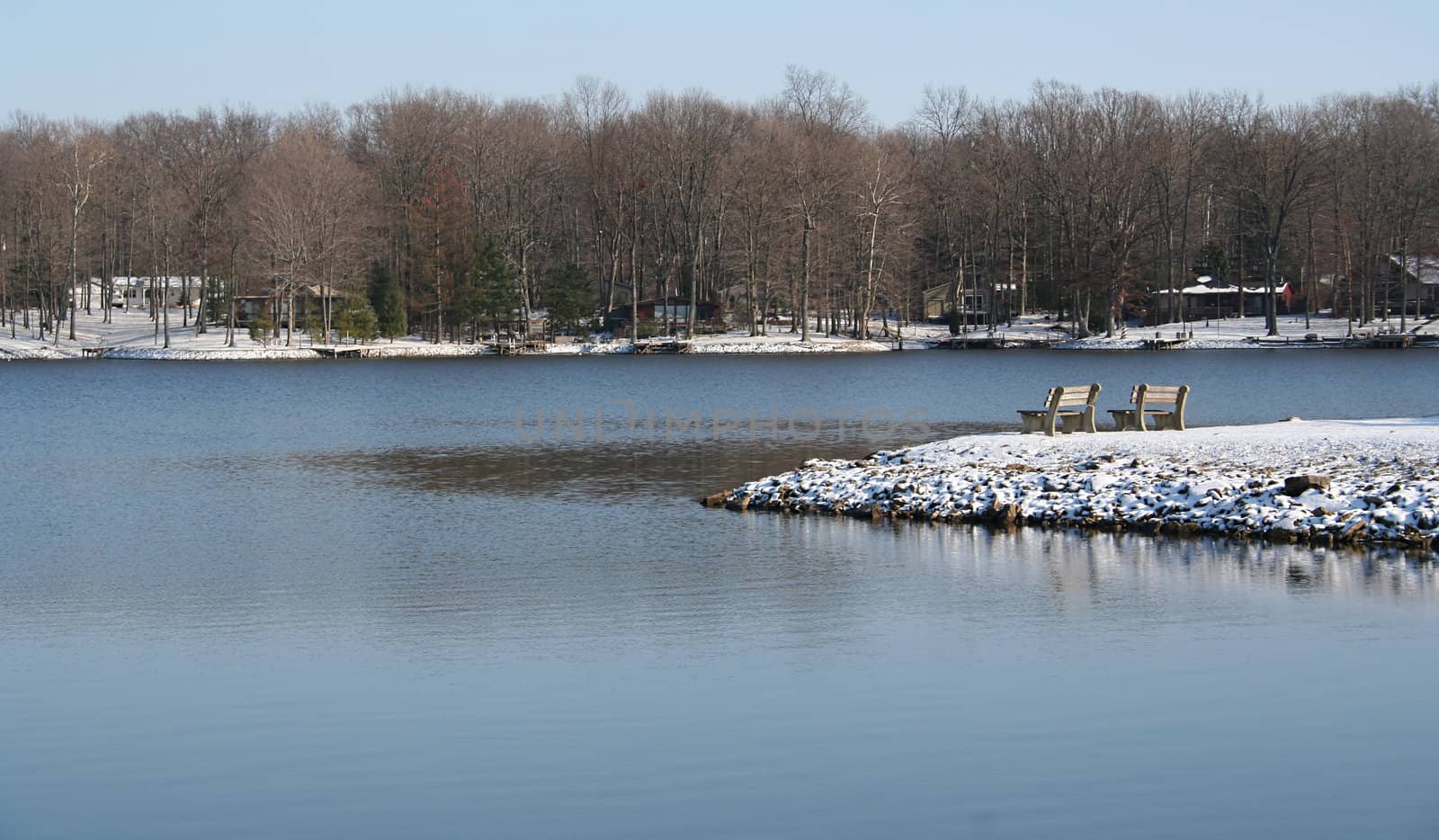 Benches Overlooking Lake in Winter by mahnken