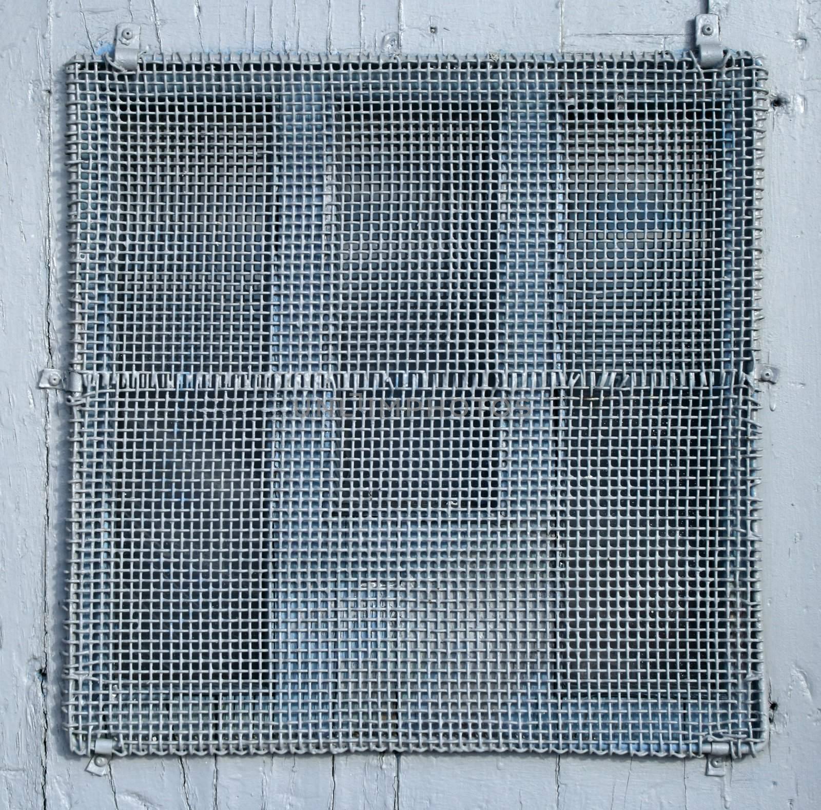 Painted wire mesh covering the window of the old door.