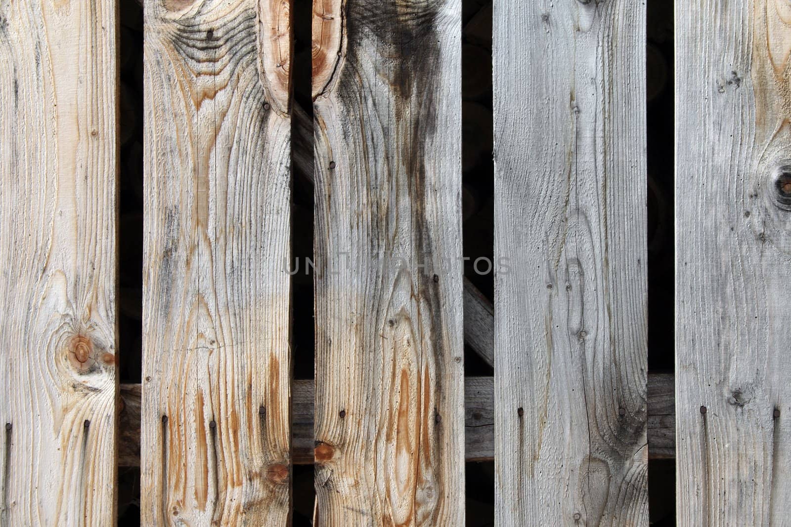 Colorful texture of knotty wooden planks, starting to get mossy.
