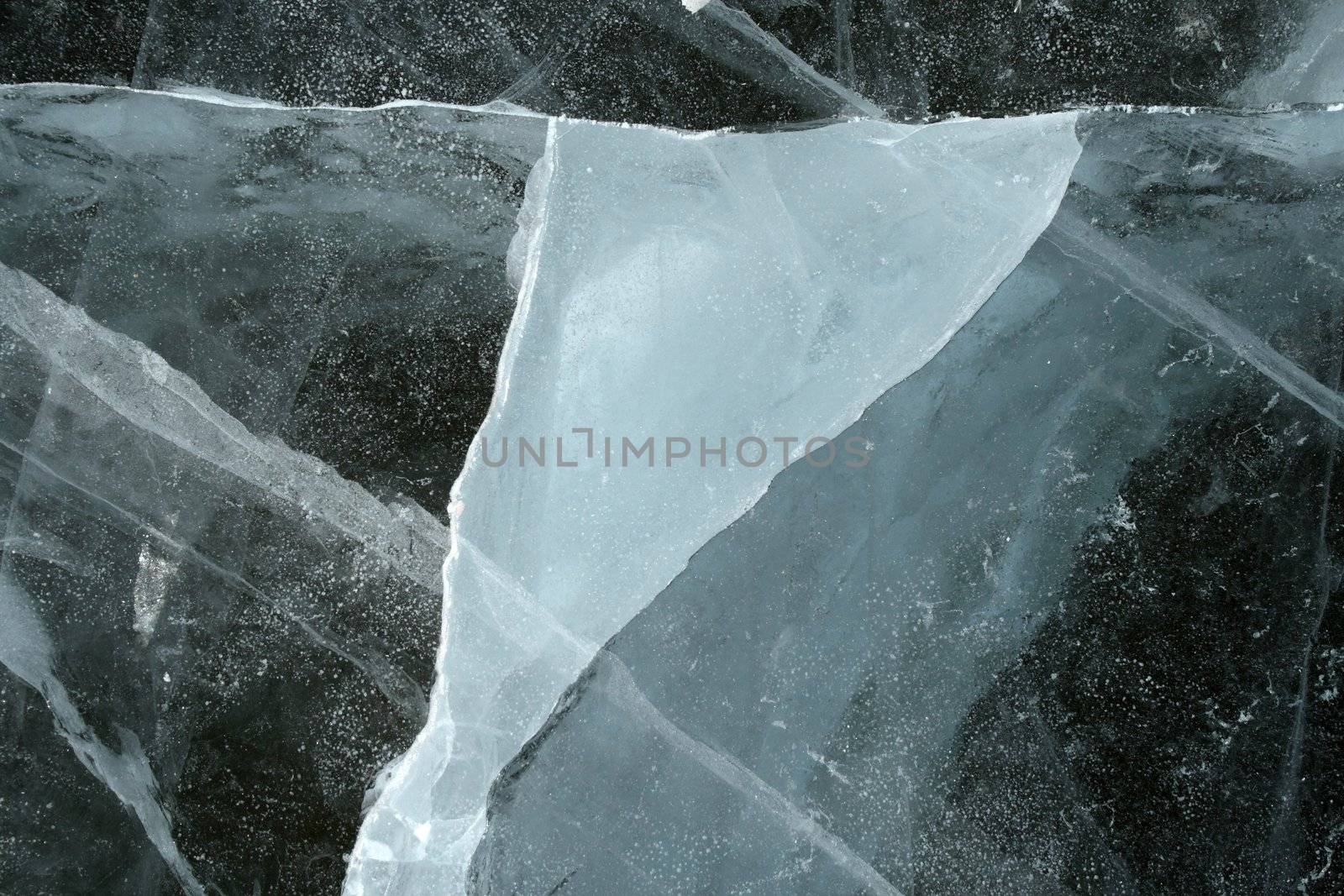 Triangular shape of a cracked ice on a frozen river.