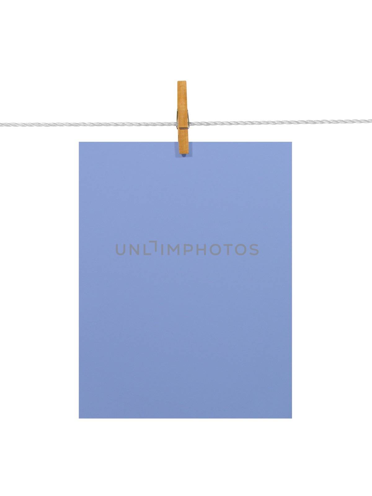 Purple-blue blank paper sheet on a clothes line. Isolated on white background. Contains two clipping paths: 1) paper, clothes line and clothespin; 2) paper only